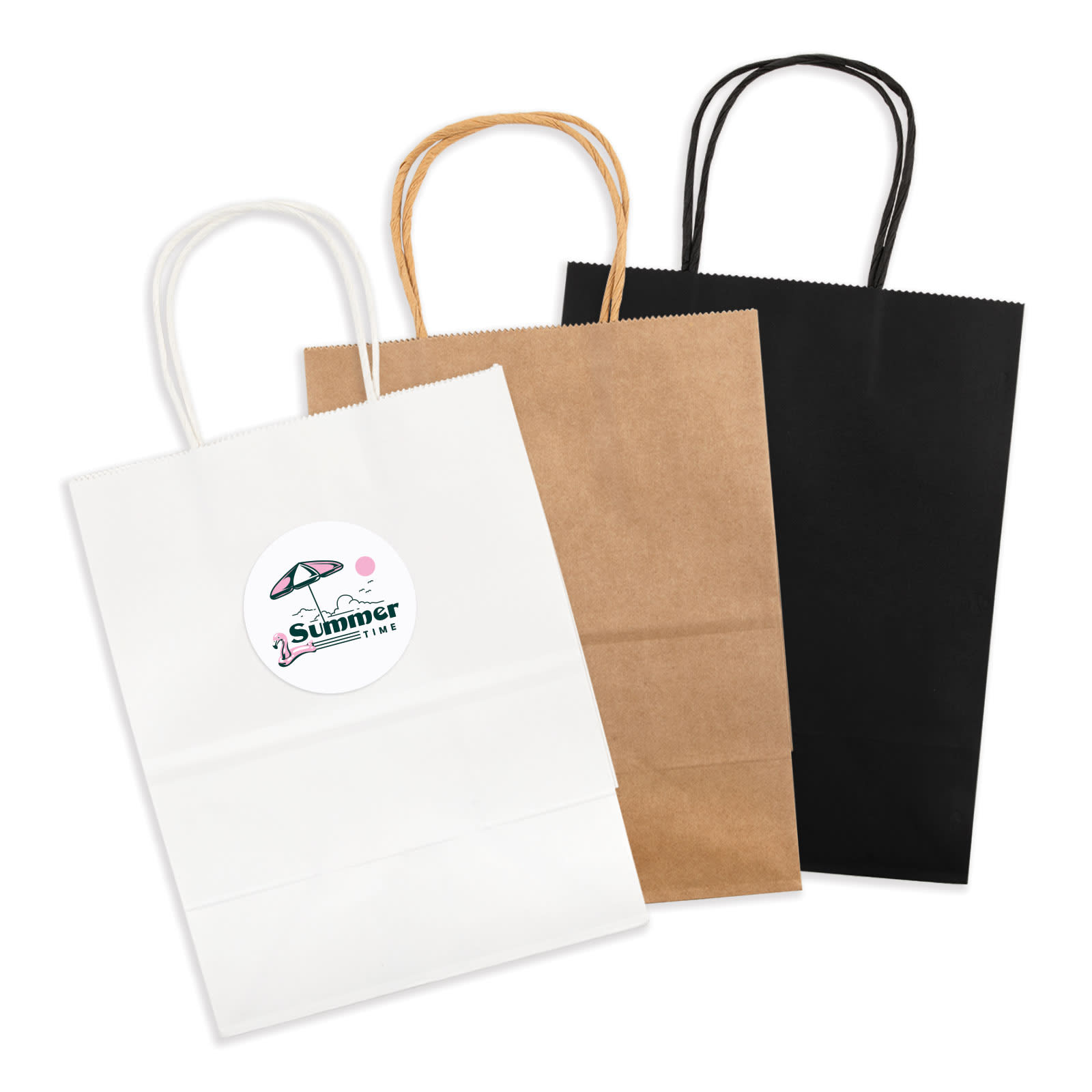 A set of medium paper bags in white, brown, and black, each with handles and a logo. Express Paper Bag Medium - Image 1