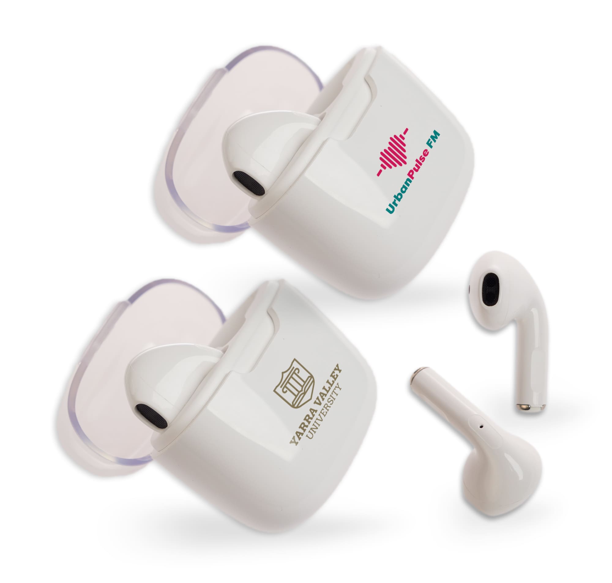Twista Earbuds displayed in white with custom branding for Yarra Valley University and Urban Pulse FM. Twista Earbuds - Image 1