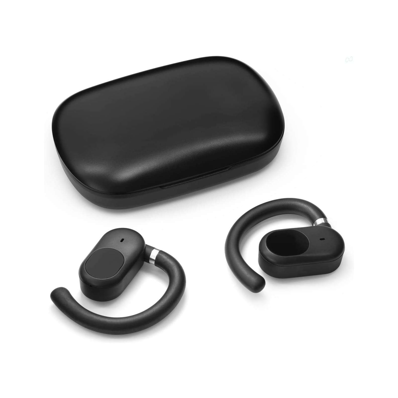 A pair of black Loop Ear Buds beside a sleek black charging case. Loop Ear Buds - Image 1