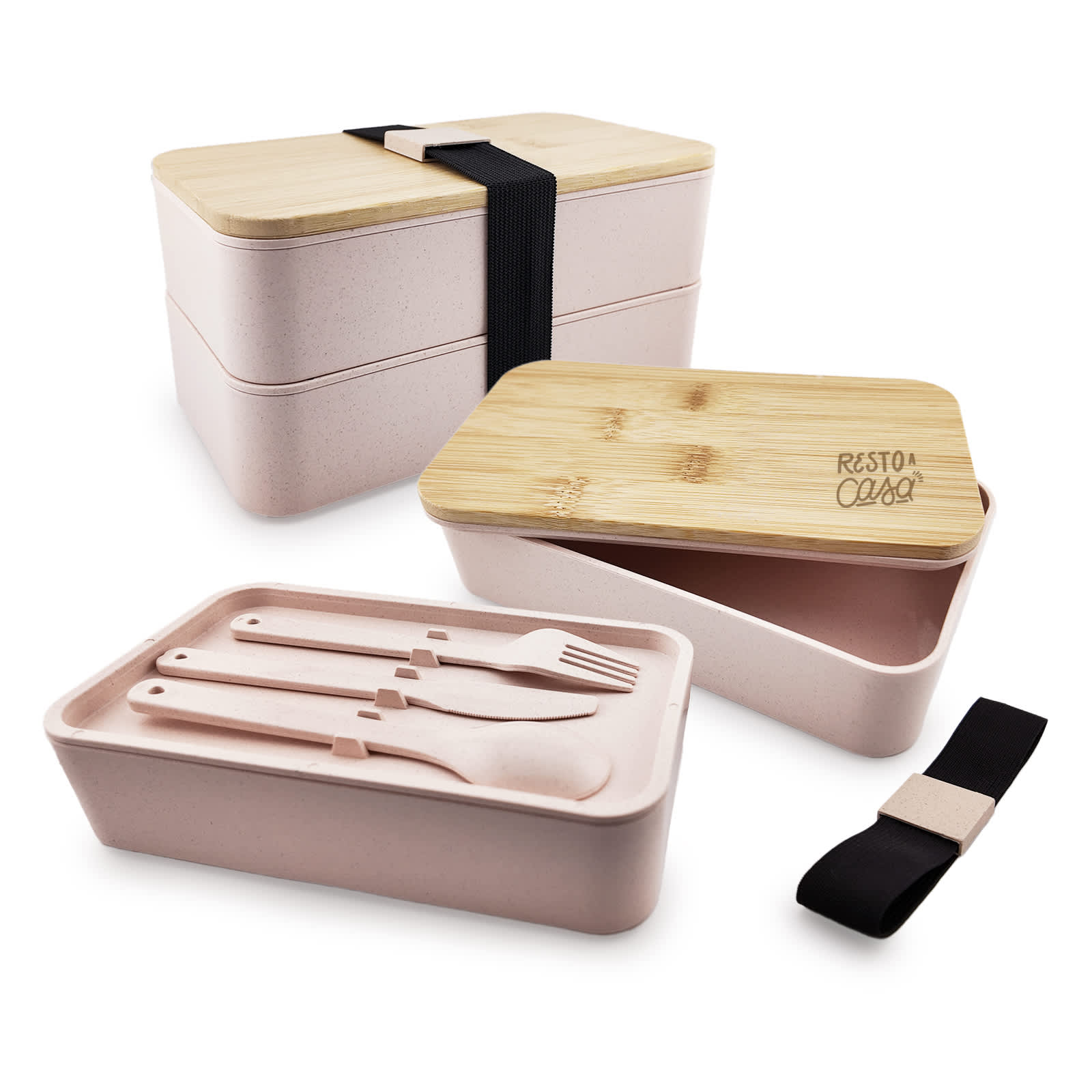 A stackable lunch box in pink with a bamboo lid and utensils, secured by a black strap. It features a logo. Stax Eco Lunch Box - Image 1