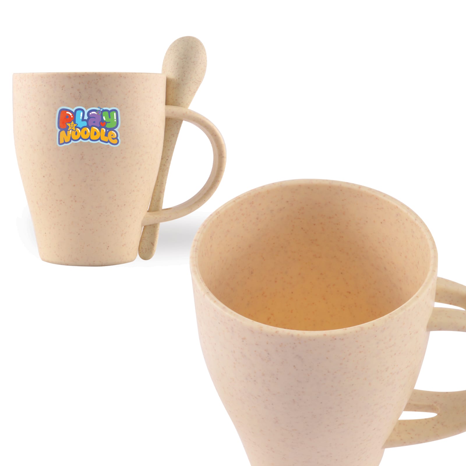A wheat fibre cup in a beige colour with a matching spoon attached. The cup features a logo. Avenue Wheat Fibre Cup and Spoon - Image 1