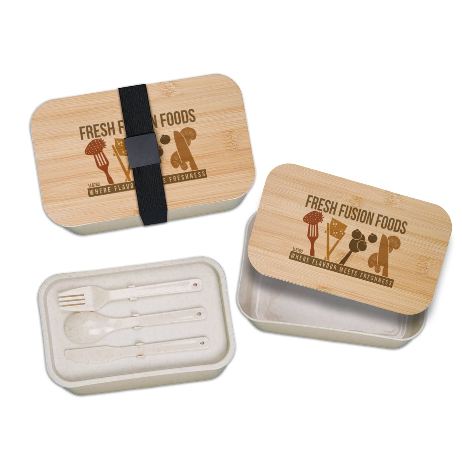A bamboo lunch box with a strap, featuring a removable inner container and utensils in cream color. It has a logo print. Soltero Lunch Box - Image 1