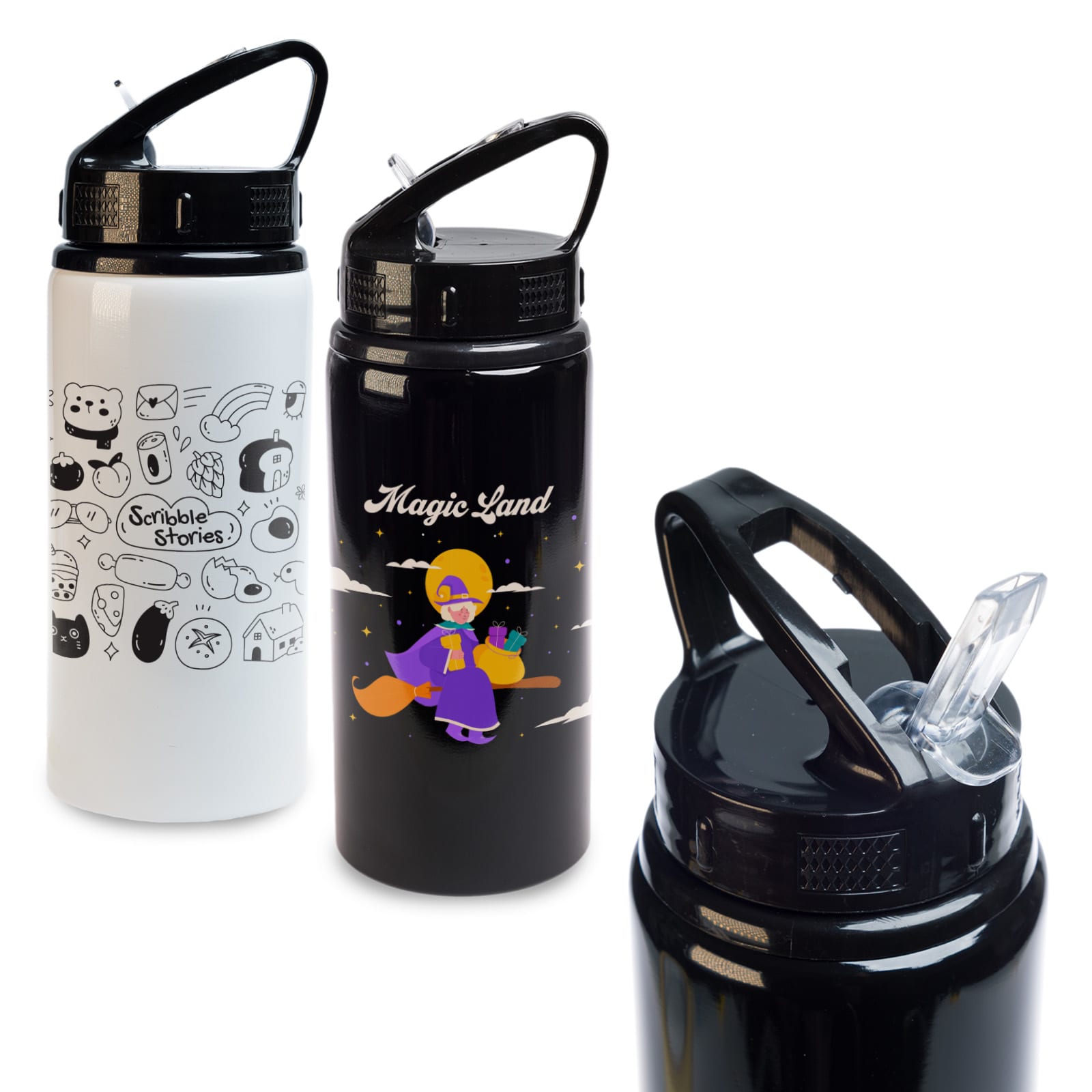 A drink bottle with a flip straw lid, available in black and white designs featuring various illustrations. Amore 500ml Junior Bottle - Flip Straw Lid - Image 1