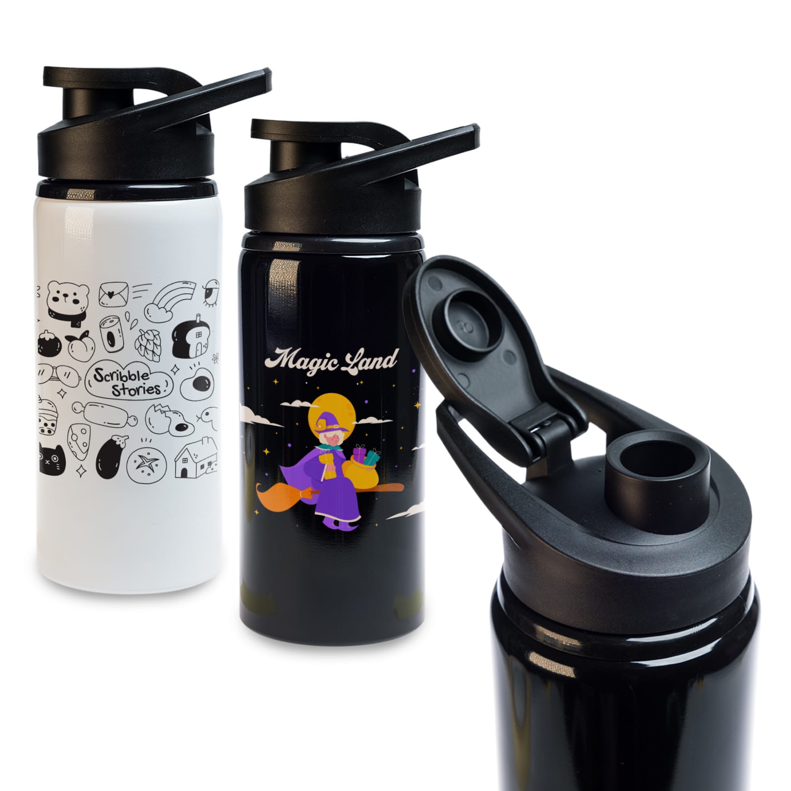 A drink bottle featuring a white design with various illustrations, a black bottle with a character, and a lid. Amore 500ml Junior Bottle - Free Flow Lid - Image 1