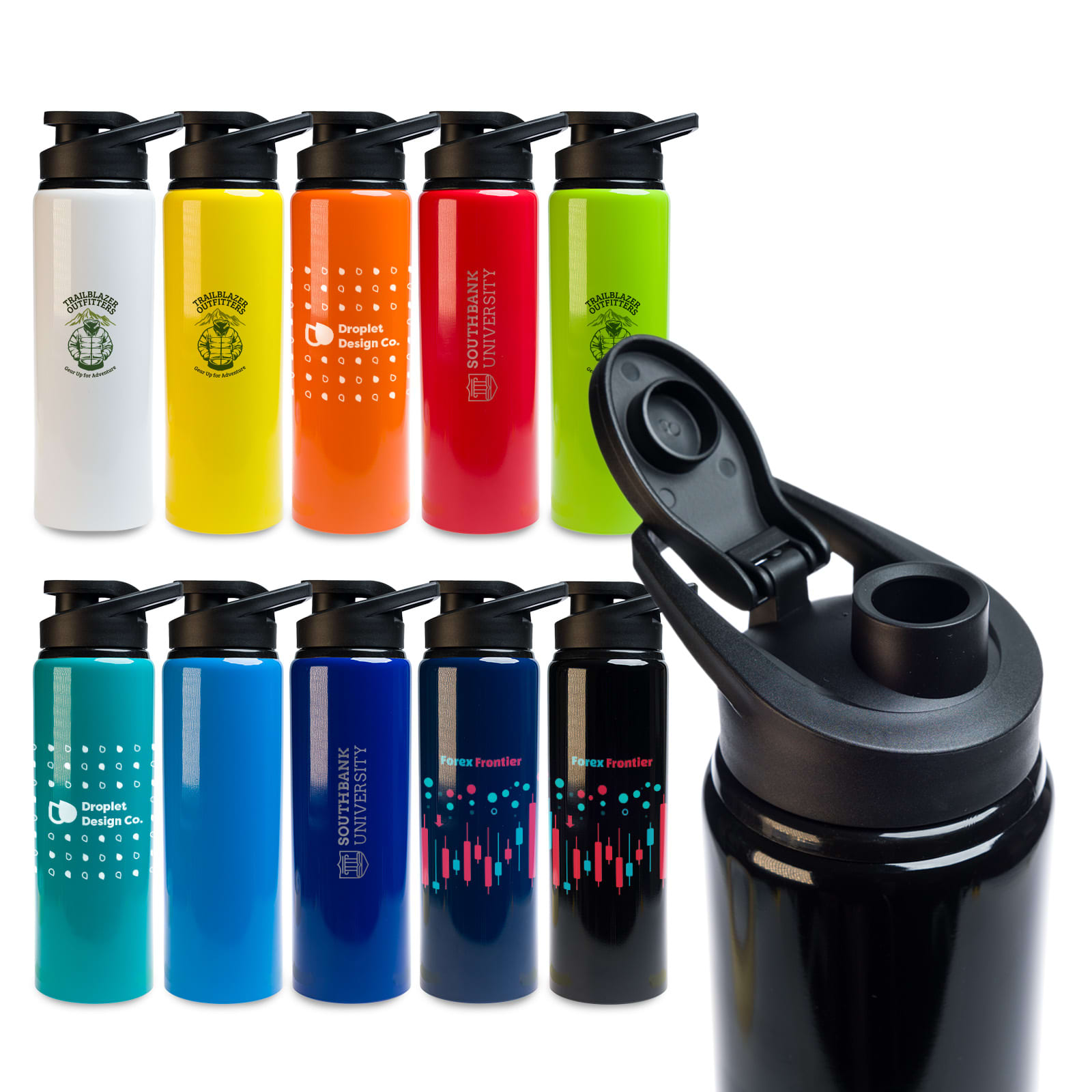 A drink bottle collection in various colors, featuring a black cap with a free flow lid and branding. Amore 750ml Bottle - Free Flow Lid - Image 1