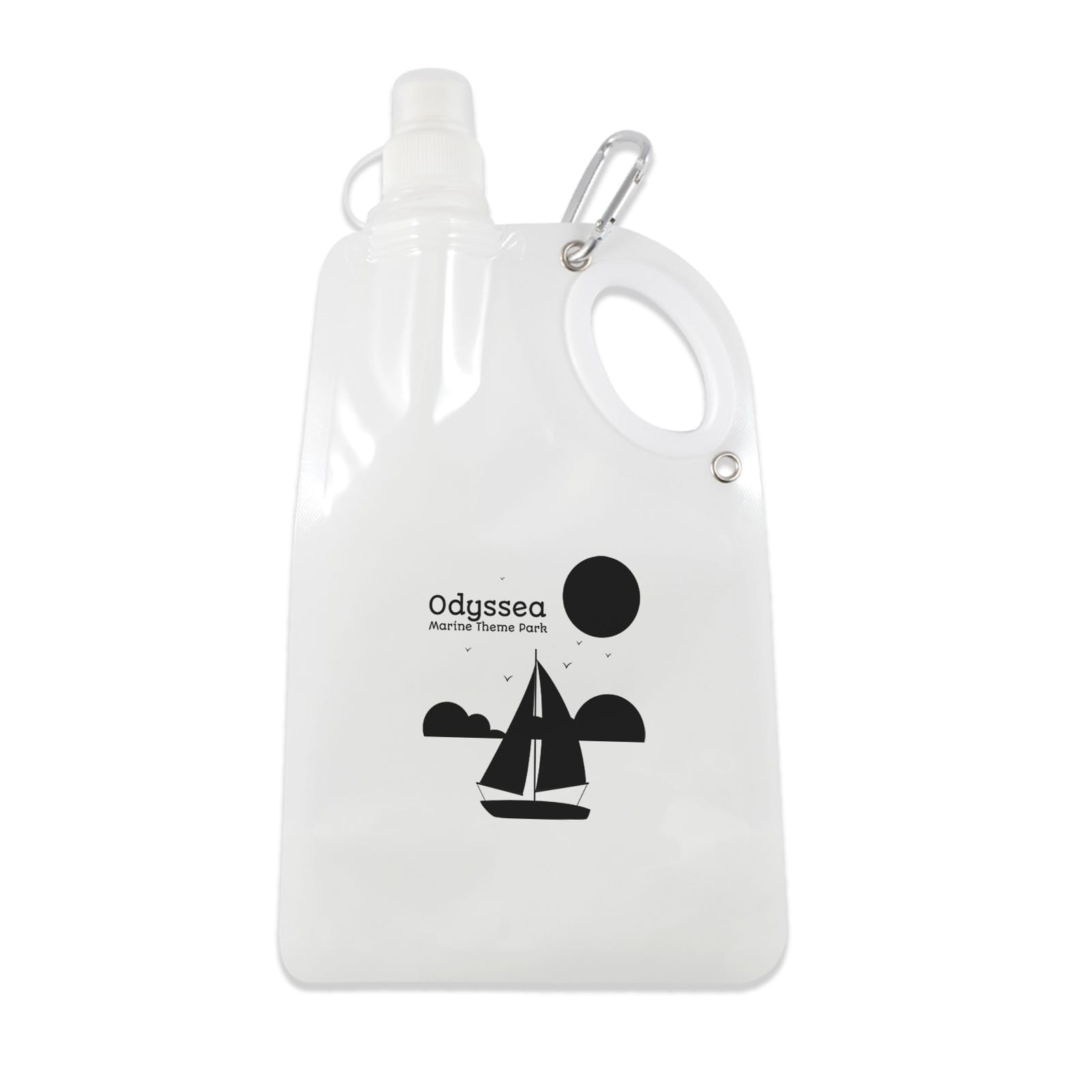 A drink bottle in clear plastic with a sailboat design and a carabiner for easy attachment. Spritz 700ml Collapsible Bottle - Image 1