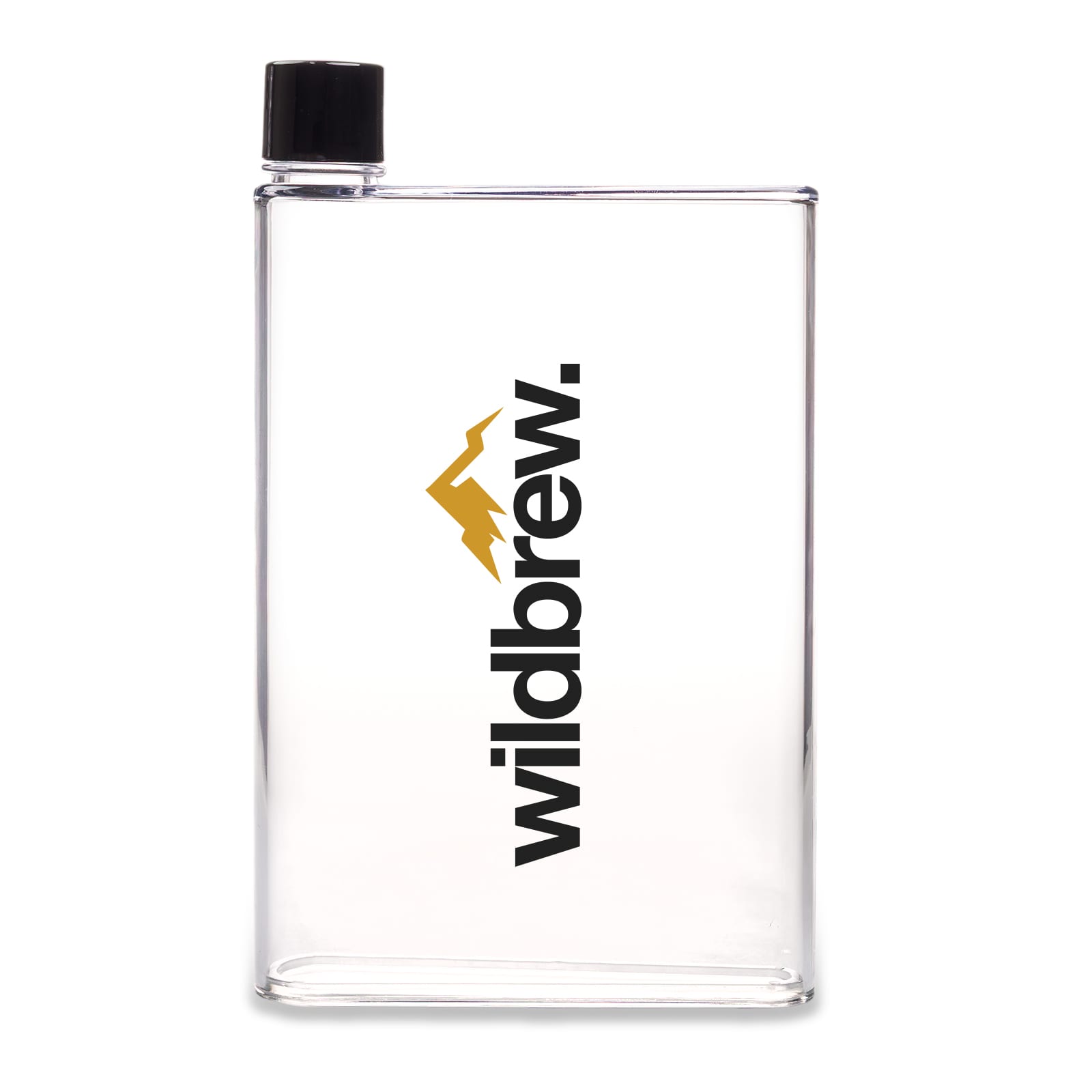 A drink bottle in clear plastic with a black lid, featuring a logo in black and gold. Thirst Bottle - Image 1