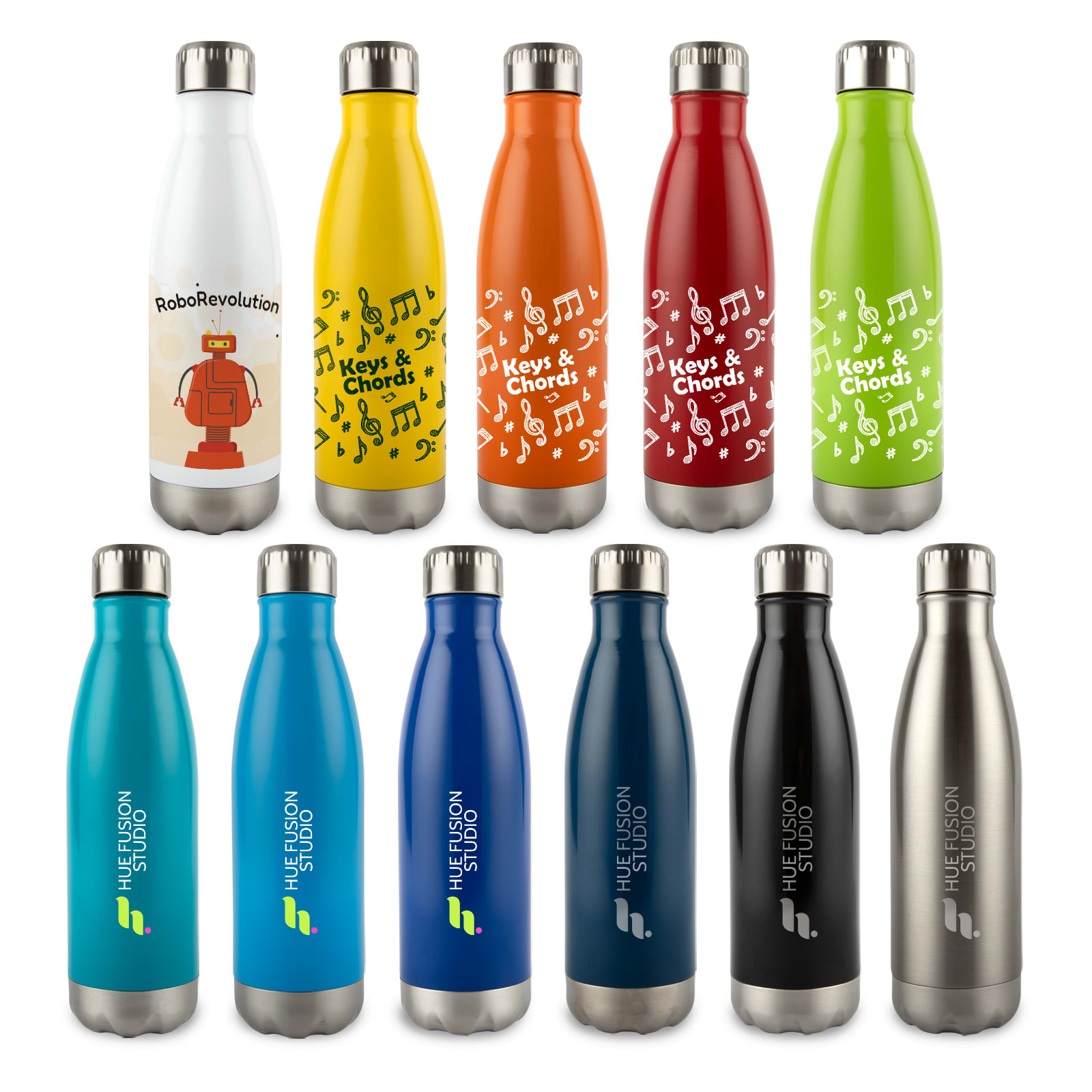 A collection of stainless steel drink bottles in various colors including yellow, orange, red, green, blue, navy, and silver, featuring different designs and logos. Soda Stainless Steel Bottle - Image 1