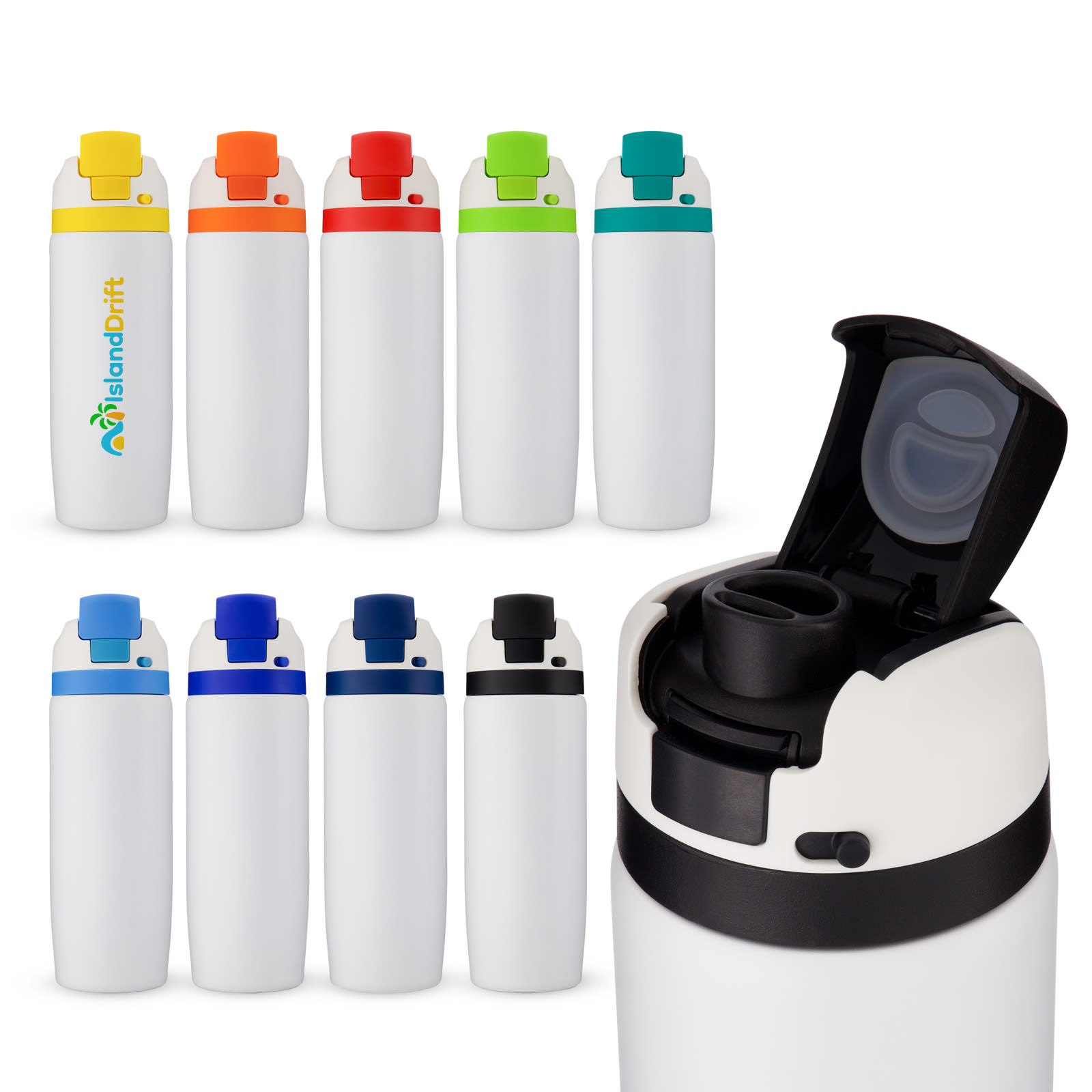 A drink bottle in various colours, featuring a flip-top lid and a logo on some models. Vibe Bottle - Image 1