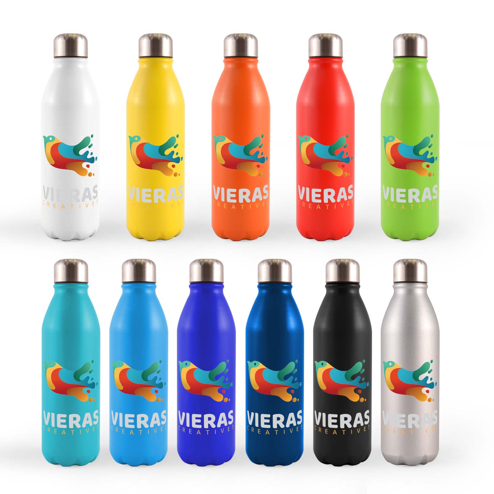A set of aluminum drink bottles in various colors, each featuring a logo on the front. Soda Aluminium Bottle - Image 1