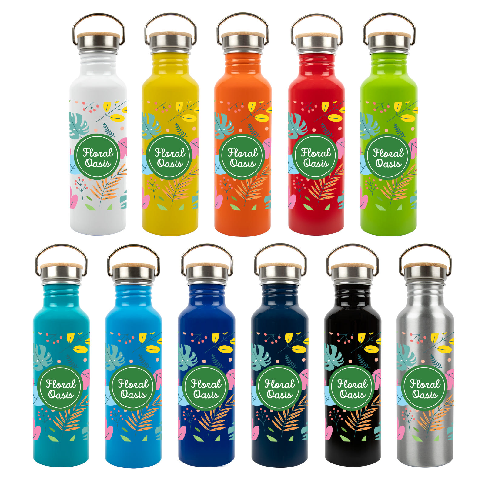 A drink bottle collection featuring various colors including white, yellow, orange, red, green, blue, black, and silver with branding. Chat Recycled Aluminium Bottle - Image 1