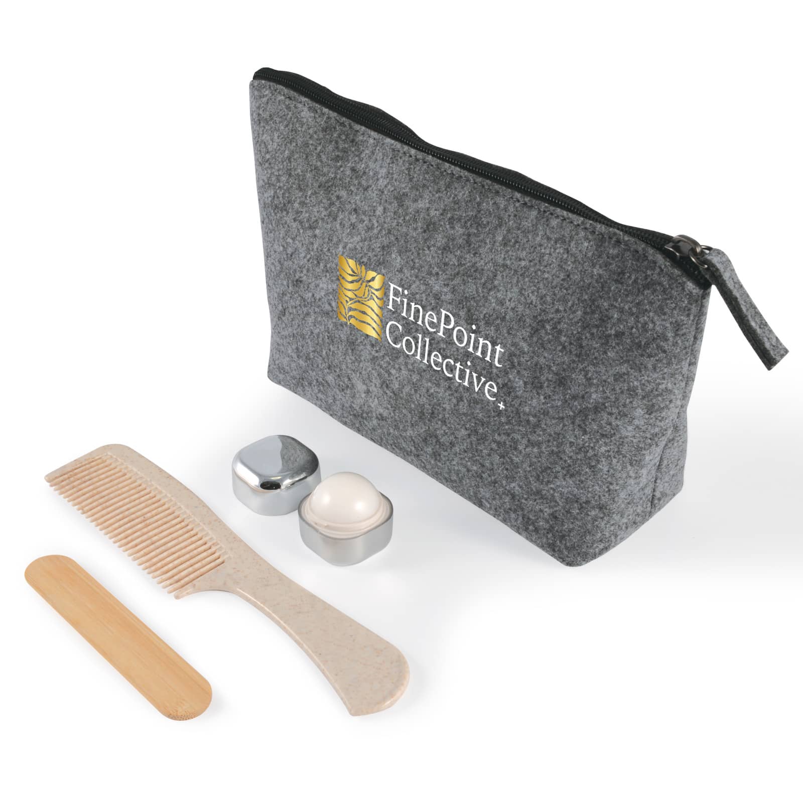 A grey toiletry bag with a zip, containing a comb, wooden stick, and two containers. The bag features a logo. Chic Cosmetic Pack - Image 1