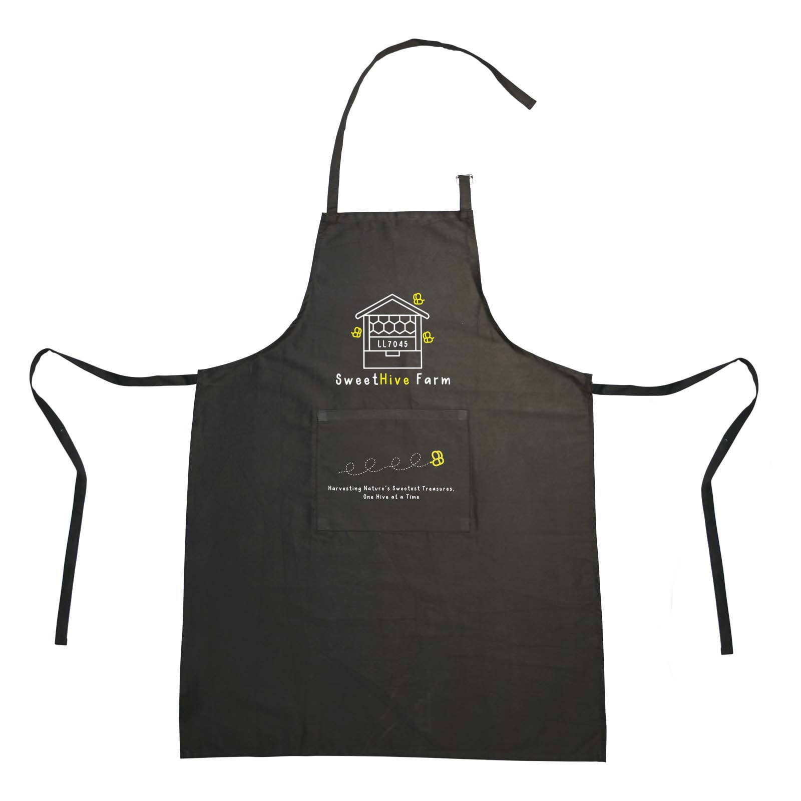 A recycled cotton apron in black featuring the logo "SweetHive Farm" and a front pocket. Trinity Recycled Cotton Apron - Image 1