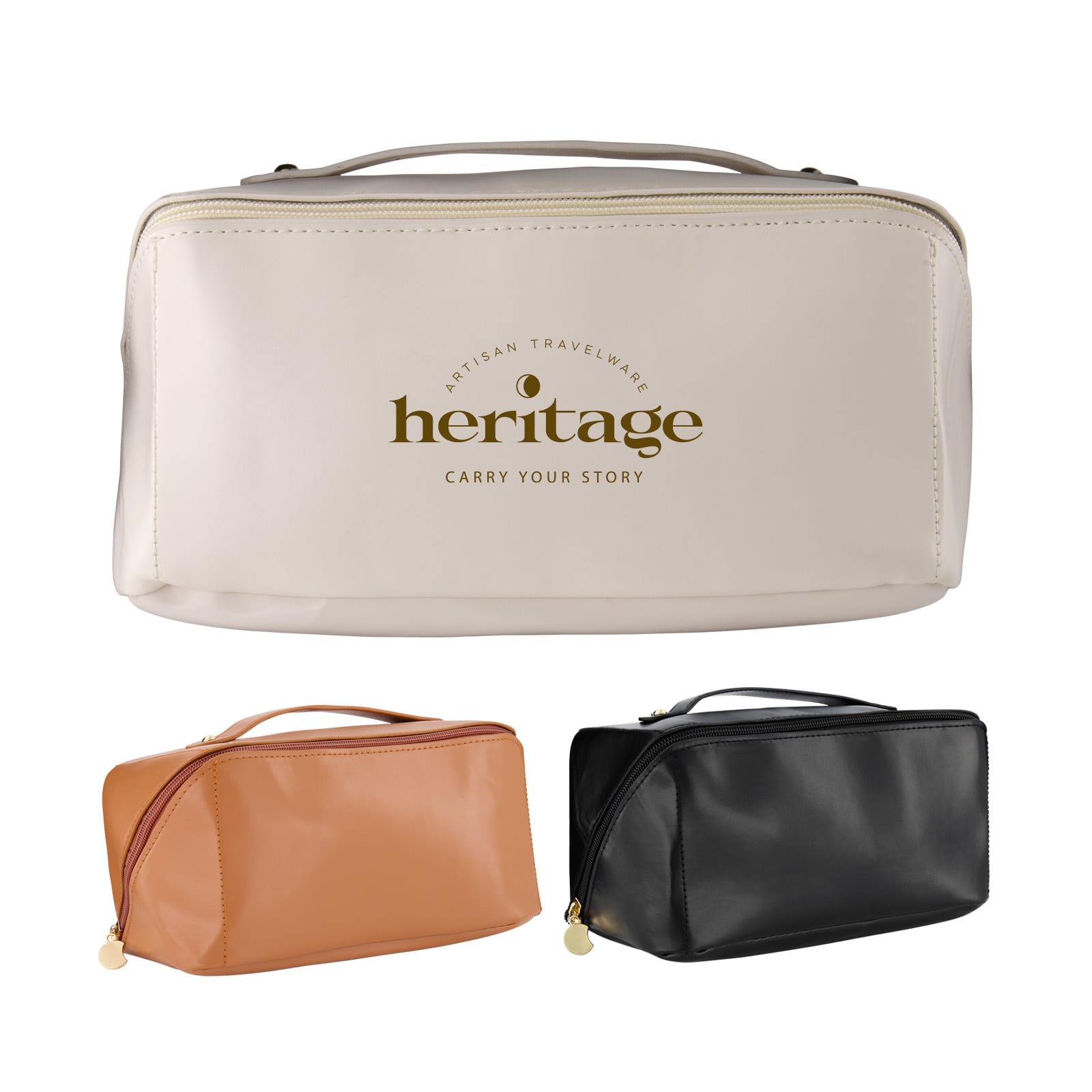 A toiletry bag in beige, with a gold logo, accompanied by orange and black versions. Features a zipper and handle. Verona Essentials Bag - Image 1