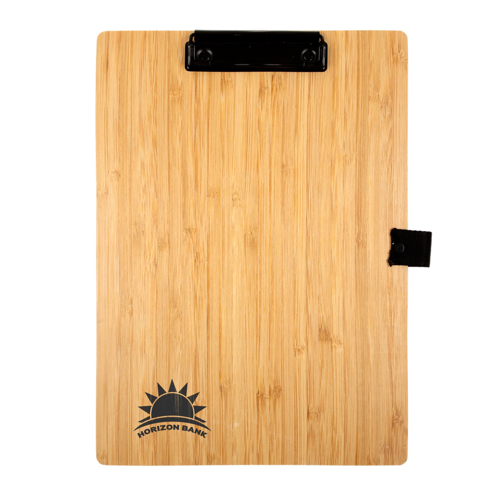 A bamboo A4 clipboard with a black clip and a logo on the bottom corner. The surface has a natural wood finish. Bamboo A4 Clipboard - Image 1