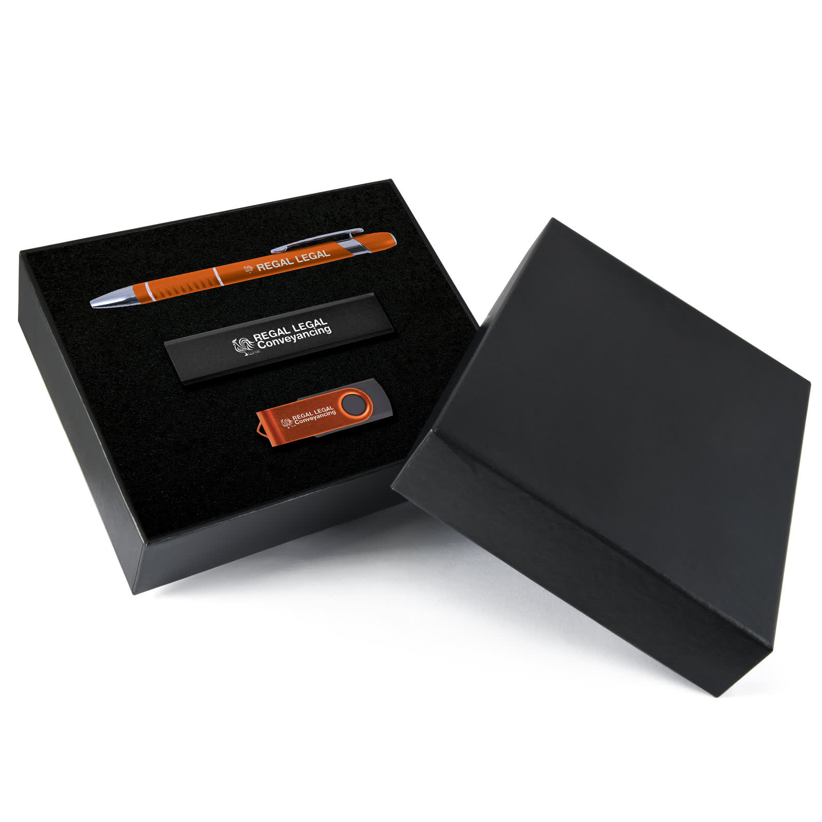 A black gift box containing an orange pen, a black USB drive, and a stylish black card holder. Sass Gift Set - Image 1