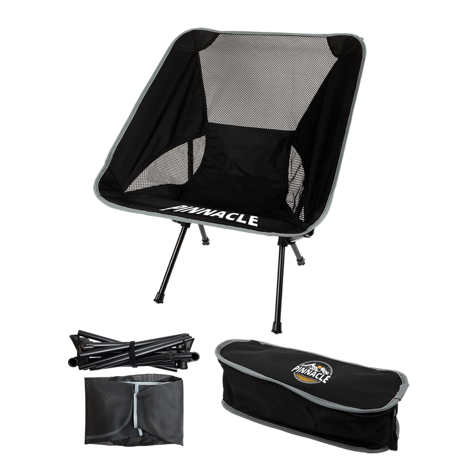 A black folding chair with a mesh seat and grey accents, accompanied by its carrying bag and assembled frame. Marlin Folding Chair - Image 1