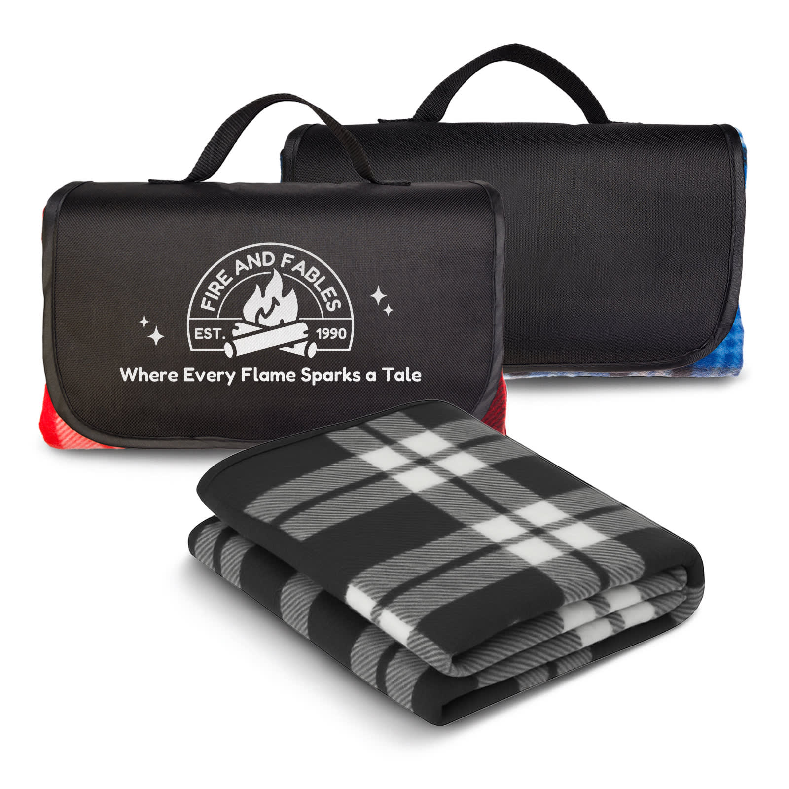 A black and grey checkered picnic blanket, folded with handles and a logo, in a compact form. Leisure Picnic Blanket - Image 1