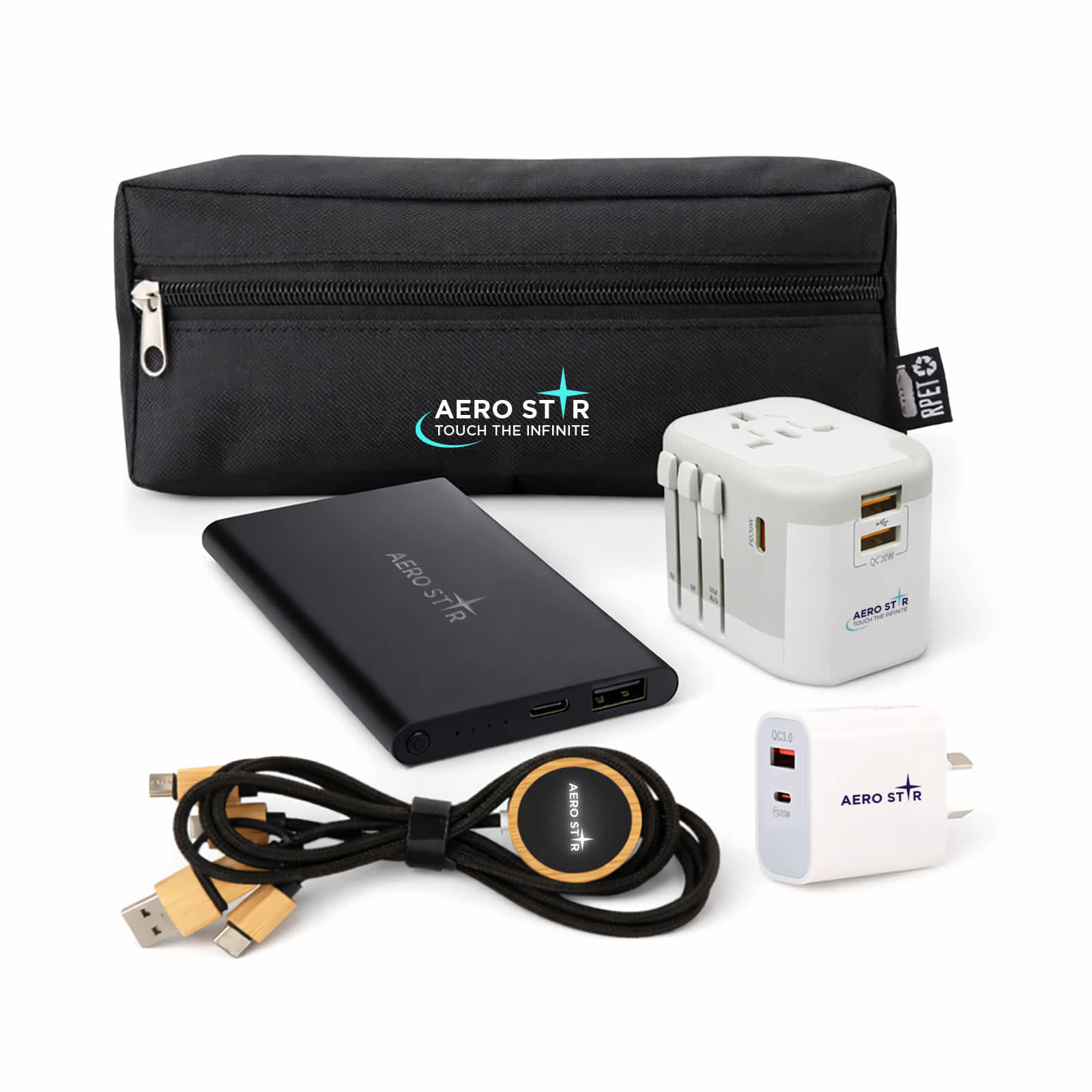A black zippered pouch containing a portable charger, universal power adaptor, USB cable, and wireless charging pad. Tech Pack Executive - Image 1