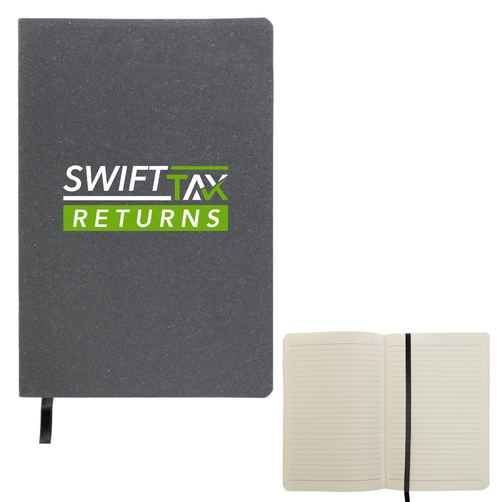 A gray recycled leather notebook with a logo on the cover and lined pages inside. It features a ribbon bookmark. Astro Soft Cover Recycled Leather Notebook - Image 1