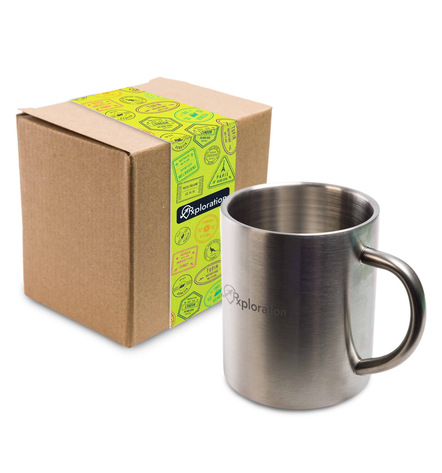 A stainless steel coffee mug accompanied by a brown box featuring colorful graphics and the brand name "Exploration". Java Mug - Image 1