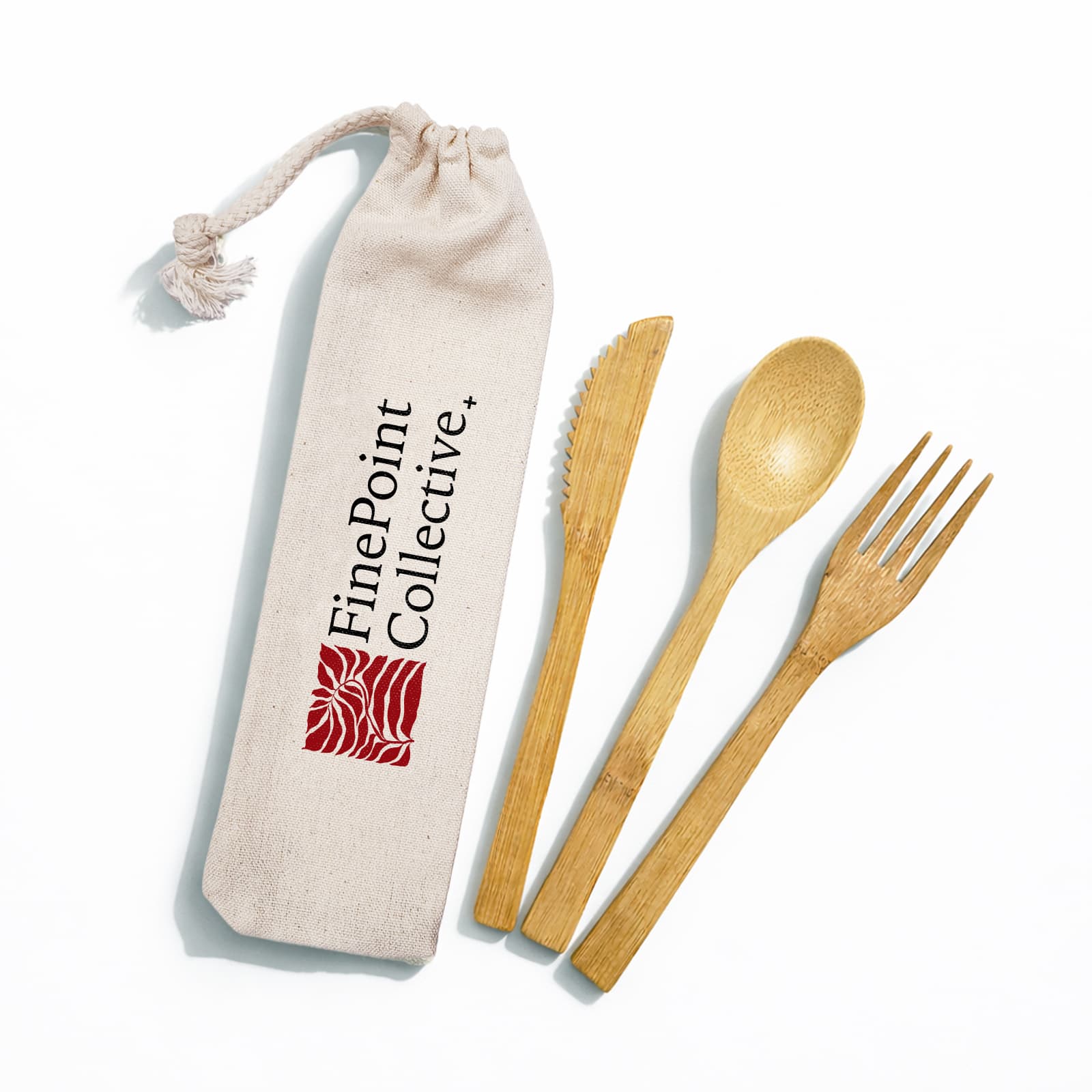 A bamboo cutlery set featuring a fork, knife, and spoon in a calico pouch with branding. Miso Bamboo Cutlery Set in Calico Pouch - Image 1