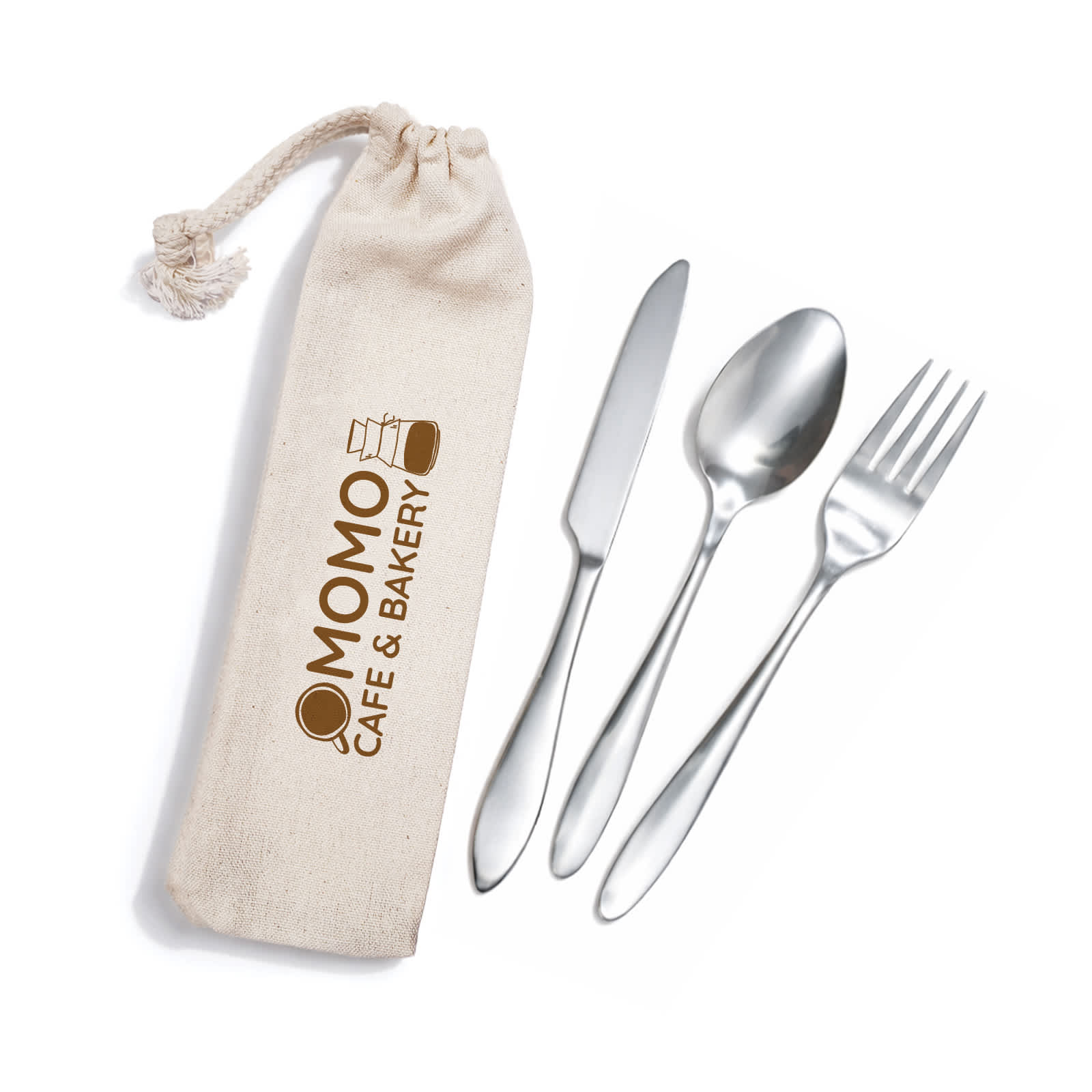 A cutlery set in silver with a fork, spoon, and knife, stored in a beige calico pouch featuring a logo. Banquet Cutlery Set in Calico Pouch - Image 1