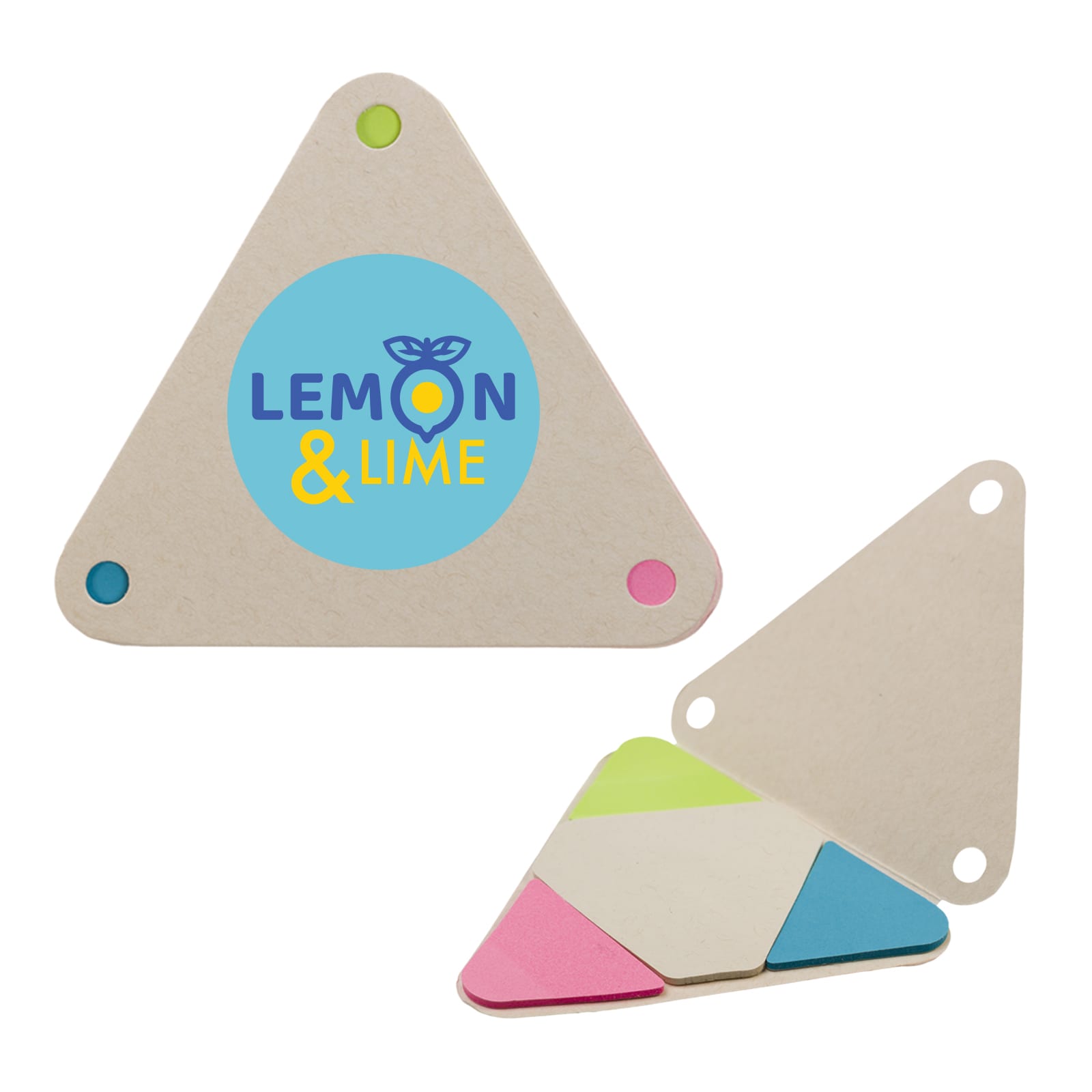 A triangular sticky note holder in beige with colorful sticky notes in pink, green, blue, and a logo on the front. Finch Sticky Notes - Image 1