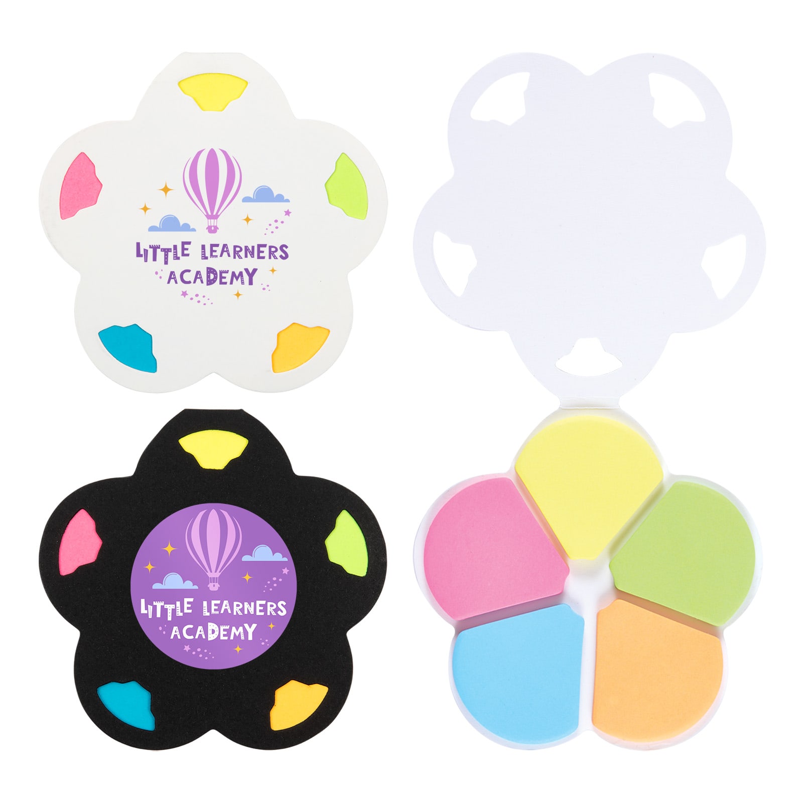 A set of Daisy Sticky Notes in flower shapes, featuring vibrant yellow, pink, green, and blue colours, with branding. Daisy Sticky Notes - Image 1