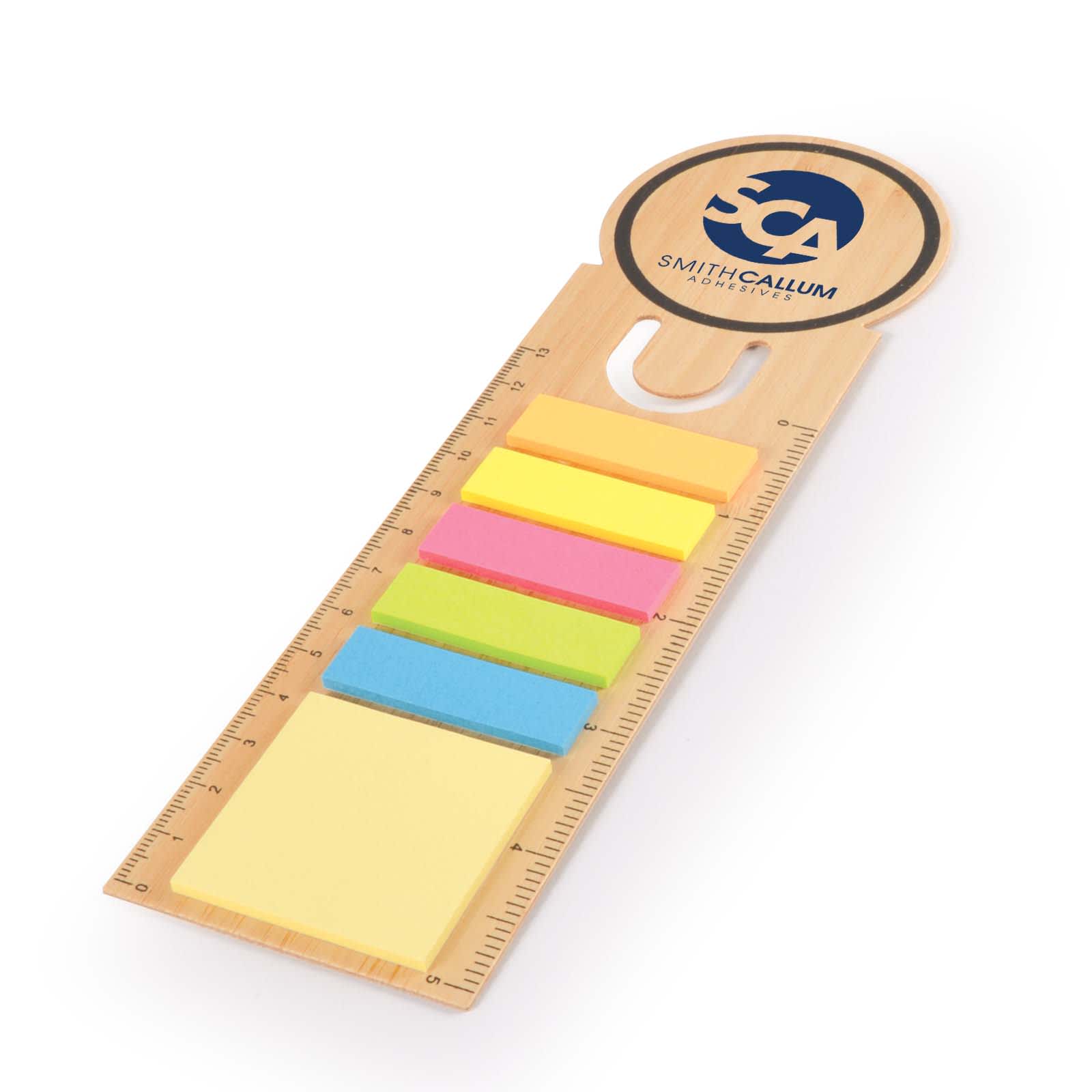 A bamboo bookmark featuring a ruler design and multiple colored sticky notes. The top of the bookmark displays a logo. Circle Bamboo Bookmark - Image 1