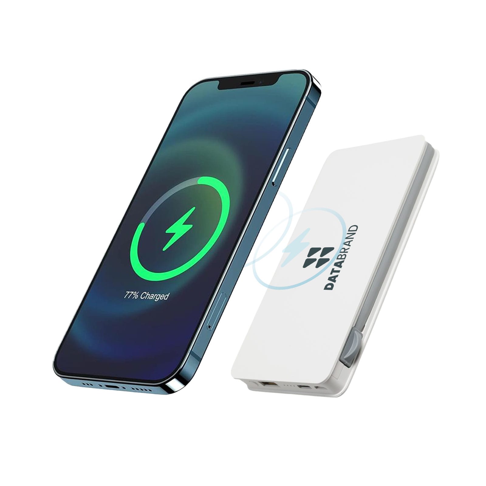 A white wireless power bank next to a smartphone displaying a charging indicator. The power bank features a logo. Sabre Wireless Power Bank - Image 1