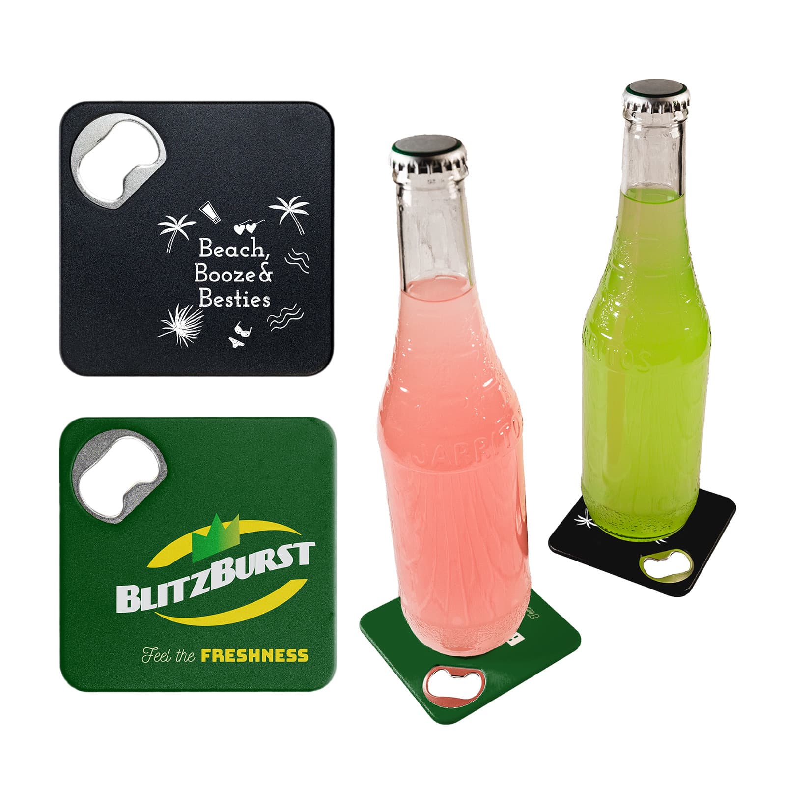 A drink bottle opener and coaster set featuring black and green coasters and colorful beverage bottles. Each coaster has a logo. Quench Bottle Opener / Coaster - Image 1