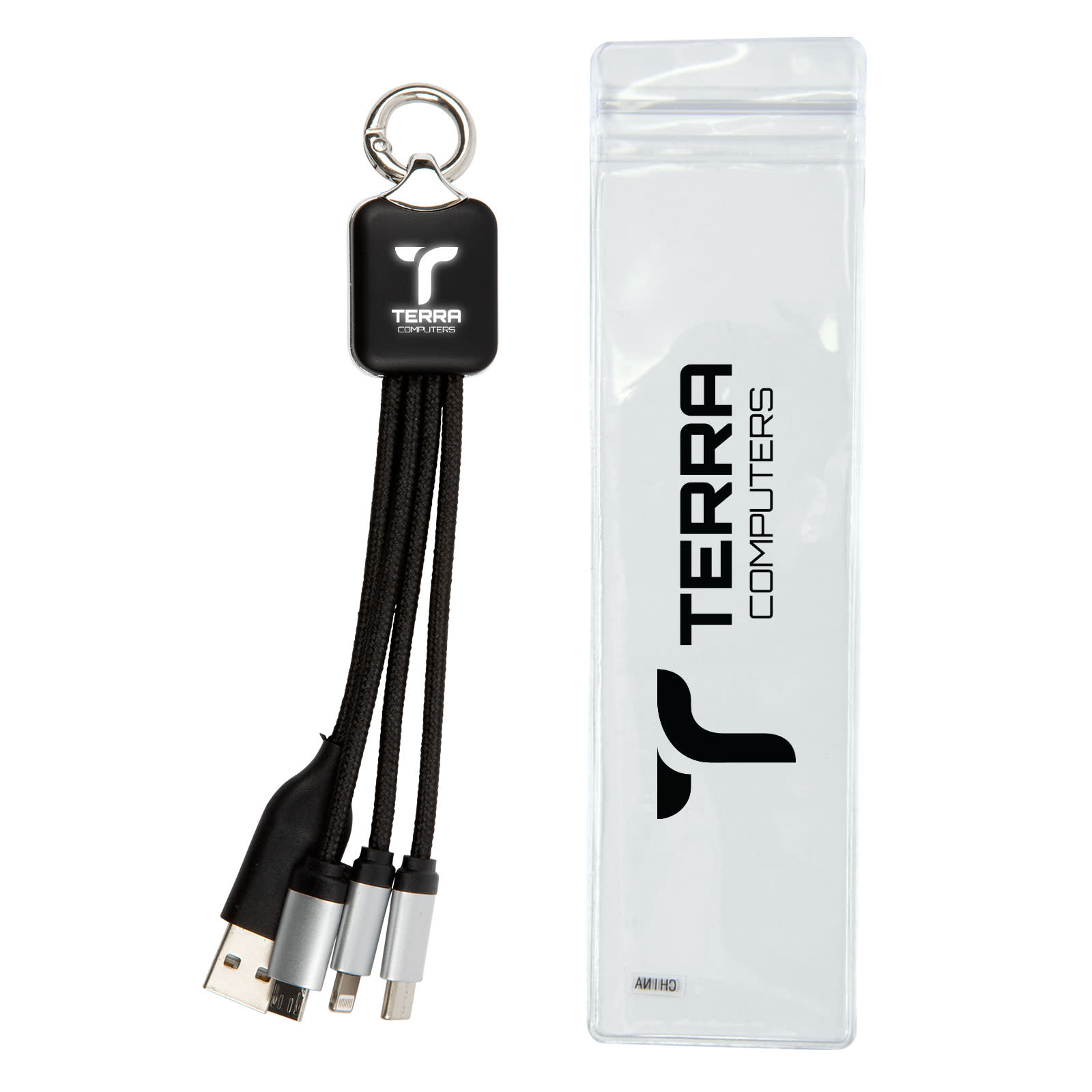 A charging cable set in black, featuring multiple connectors and a keyring, packaged in a transparent case. Glimmer Square Glow Cable - Image 1