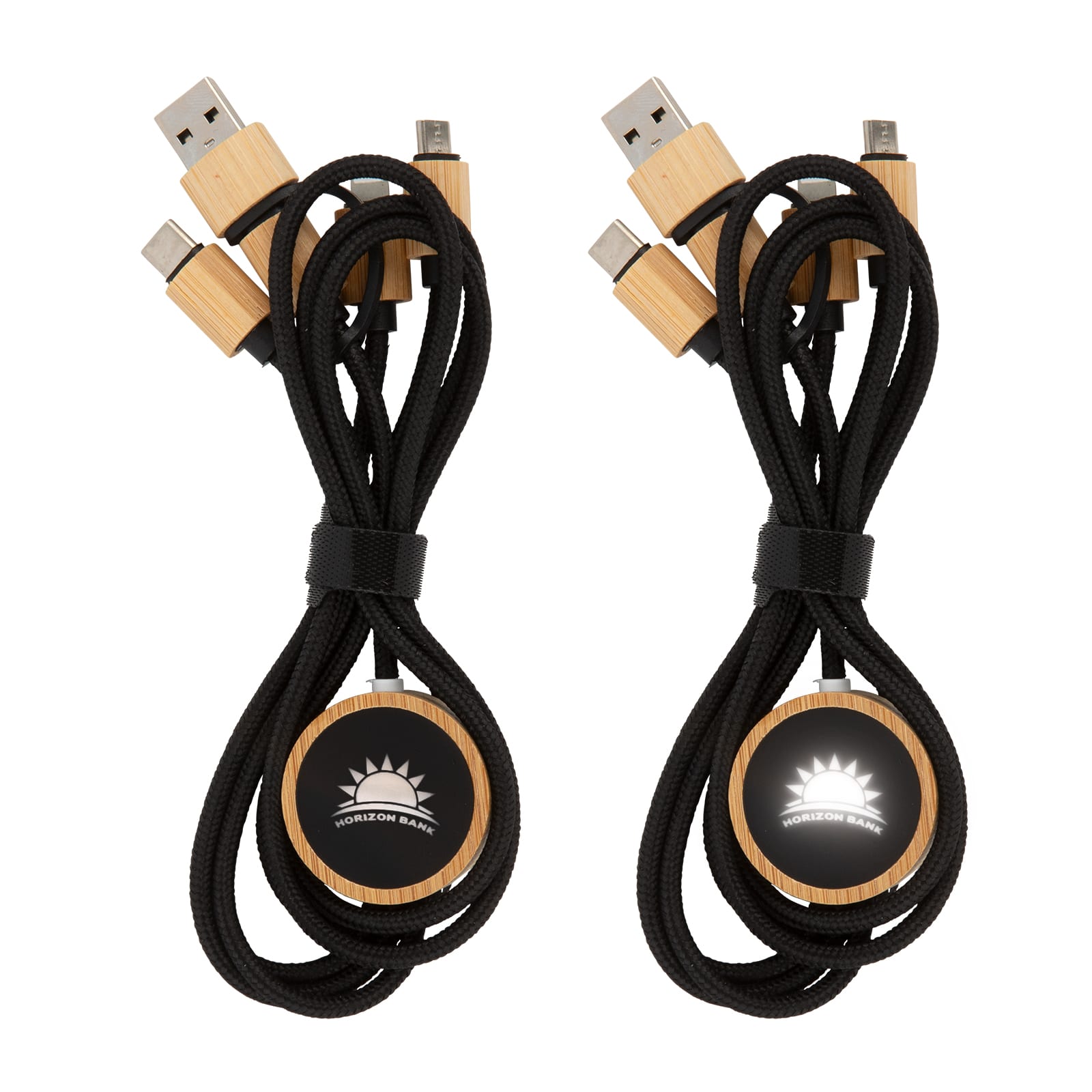 A set of black charging cables with wooden connectors and a logo on a circular wooden holder. Raven Cable - Image 1