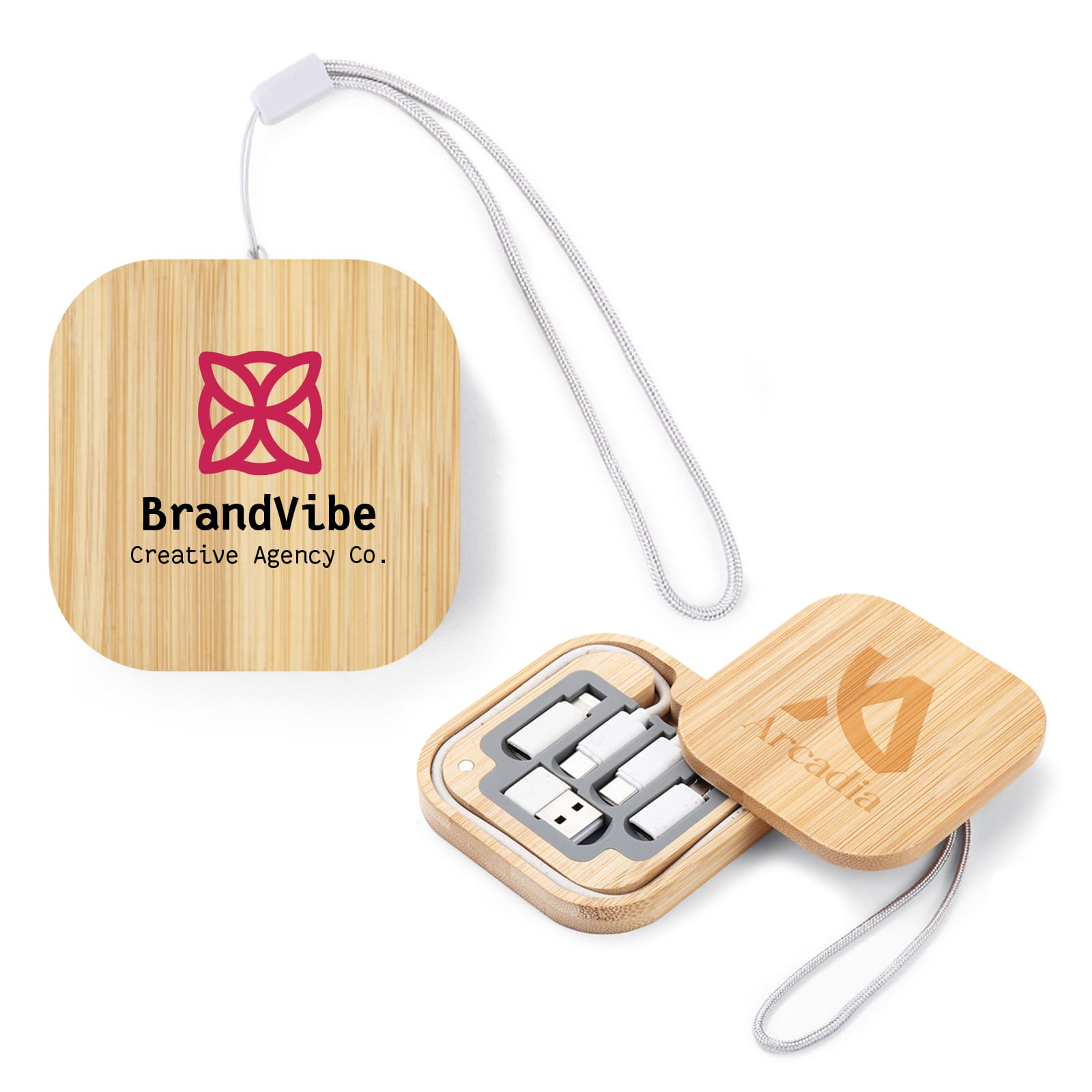A square, bamboo charging cable set with a logo, featuring various connectors and a lanyard for easy carrying. Reveal Square Cable Set - Image 1