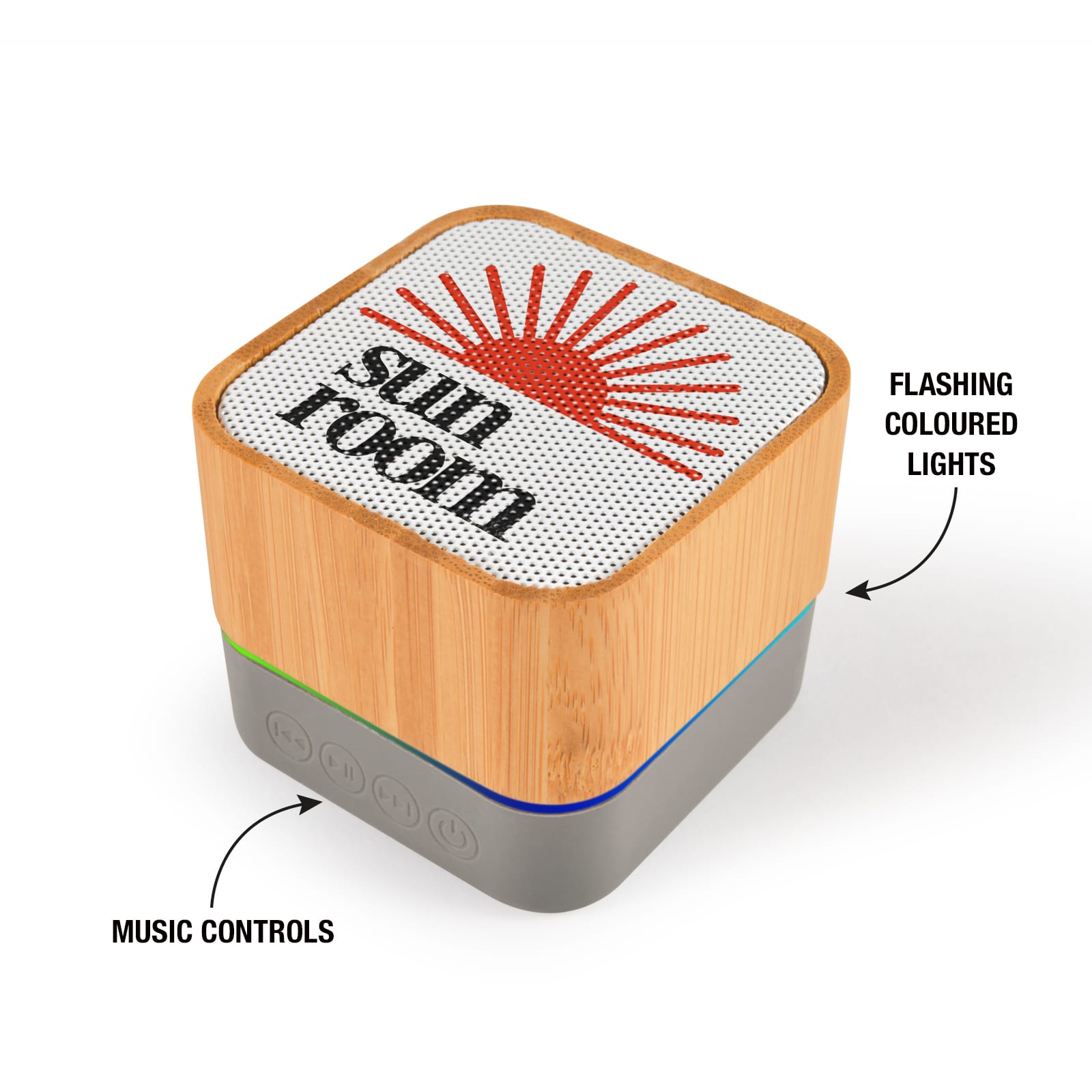 A bamboo Bluetooth speaker with flashing coloured lights and music control buttons, featuring a logo on the top. Gig Bamboo Bluetooth Speaker - Image 1