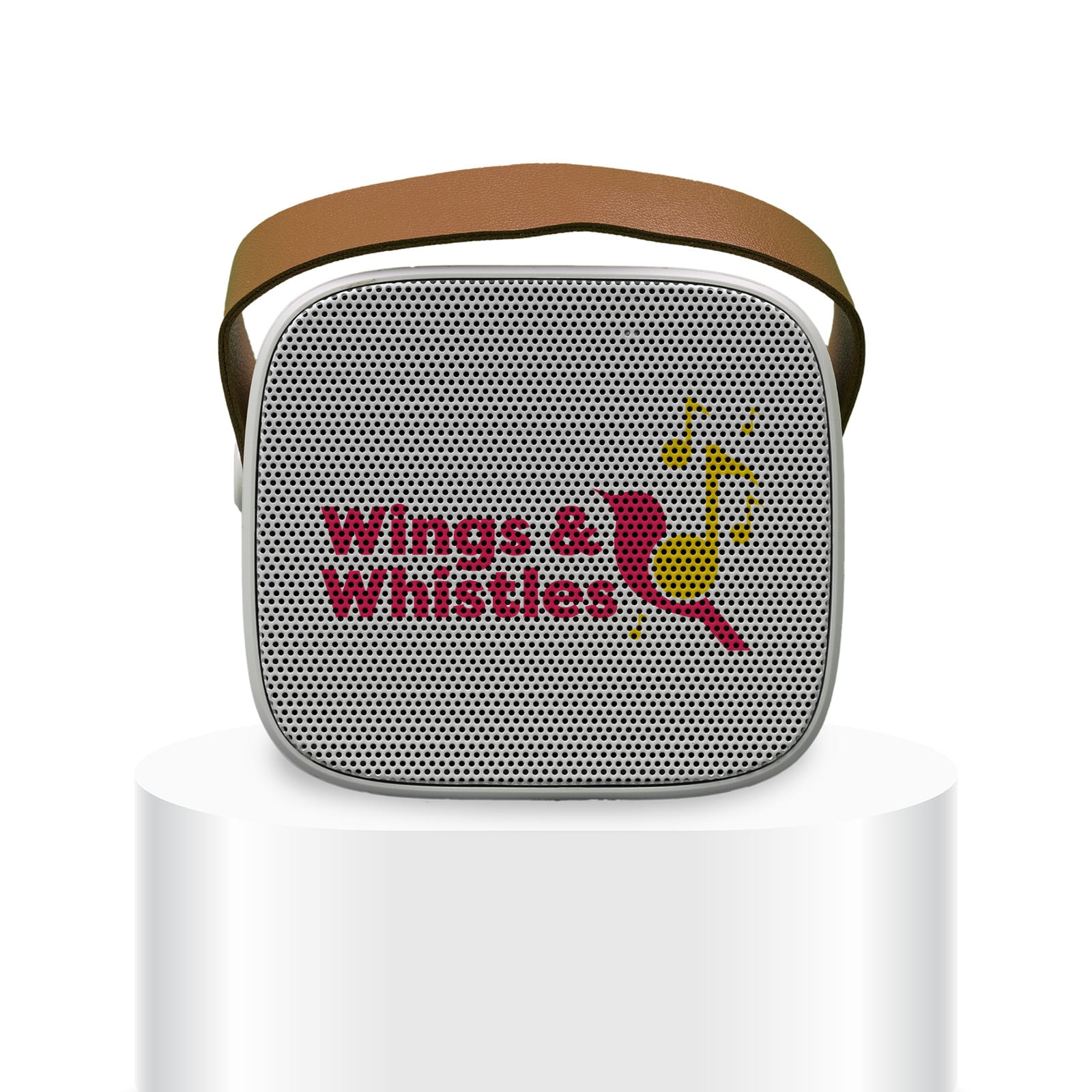 A mini speaker with a white mesh design and a brown strap, featuring a logo on the front. Boombox Mini Speaker - Image 1