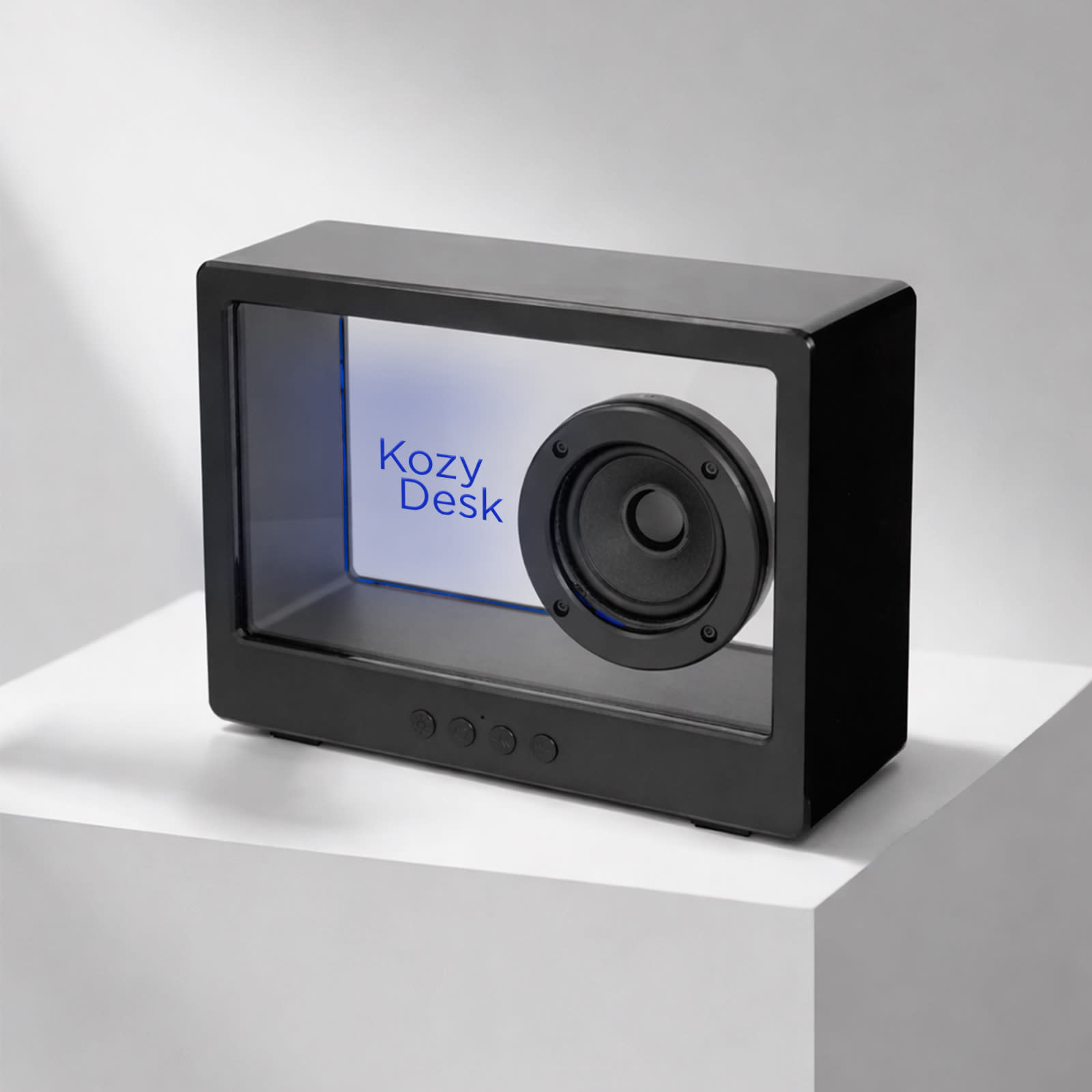 A black speaker with a transparent front, featuring a visible speaker cone and a logo inside. Lightriot Speaker - Image 1
