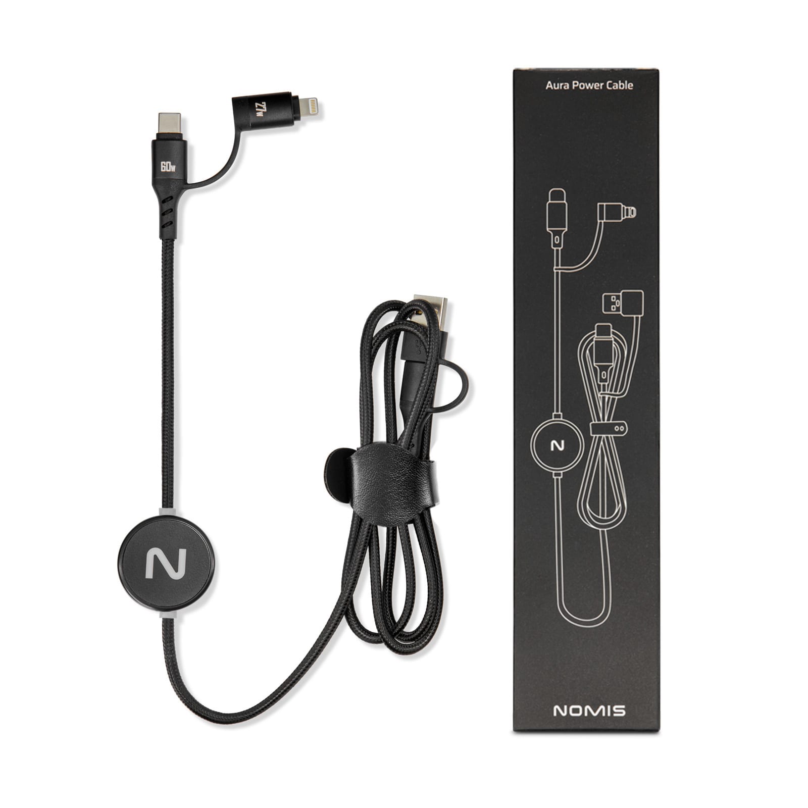 A charging cable featuring a braided design in black with an attached cable holder and a branded round tag. Aura by Nomis Cable - Image 1