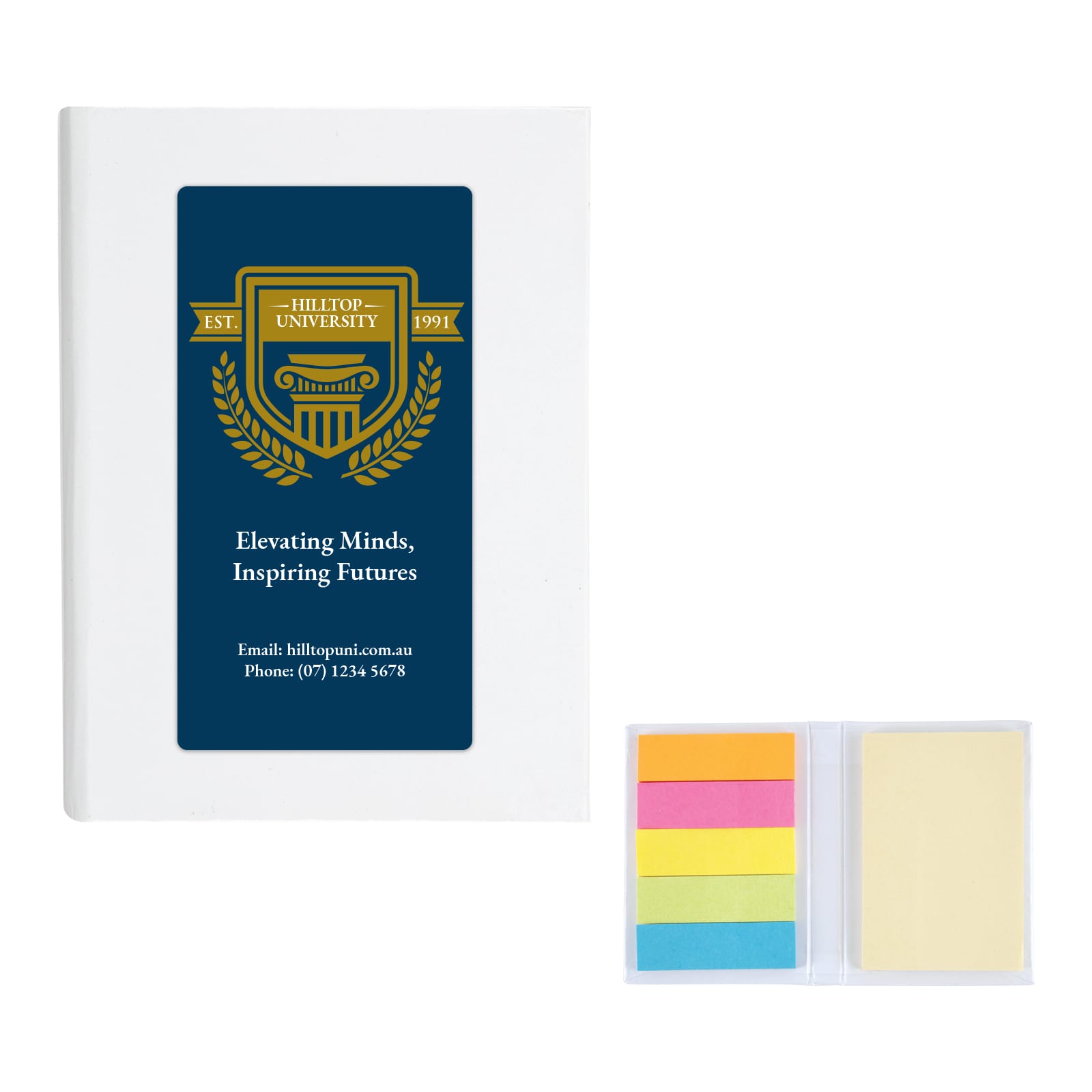 A promotional product featuring sticky notes in pastel colours, alongside a white cover book with a logo. Windsor Sticky Notes - Image 1
