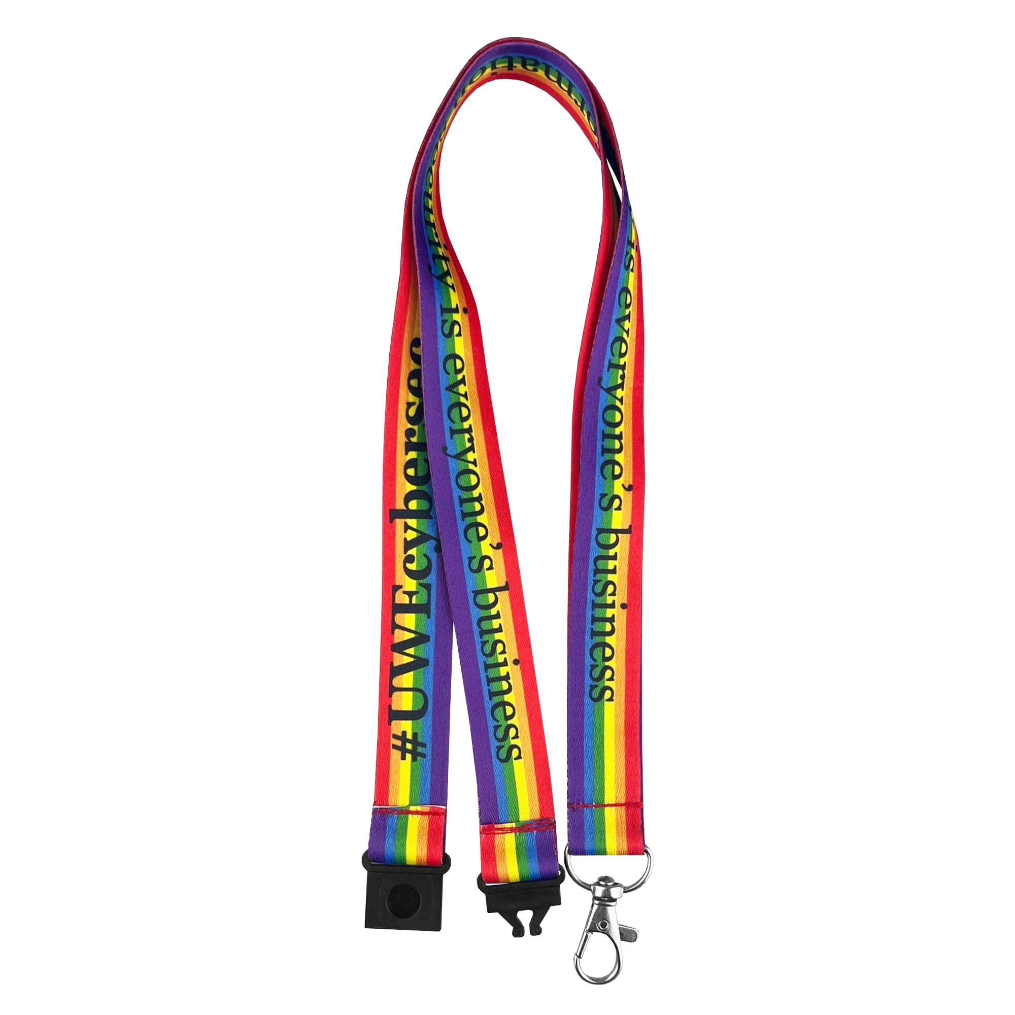 A vibrant rainbow-coloured lanyard with a clip and a logo, featuring a repeating text pattern. Full Colour Lanyards – 20mm - Image 1