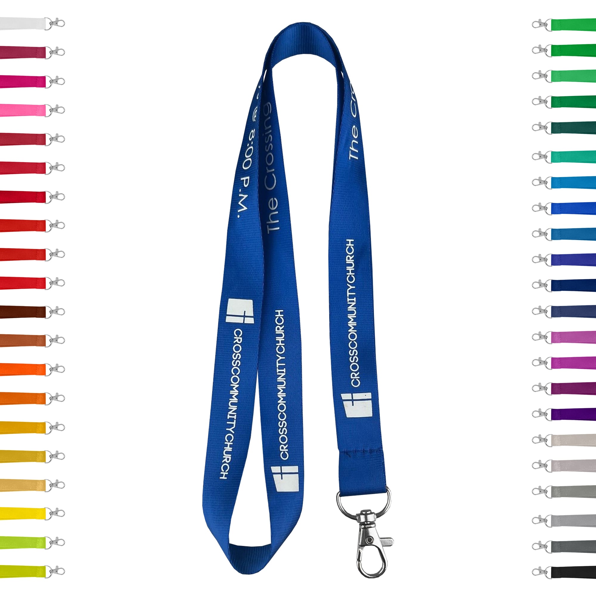 A blue nylon lanyard, 15mm wide, featuring a clip and various additional colour options displayed alongside. Nylon Lanyards – 15mm - Image 1