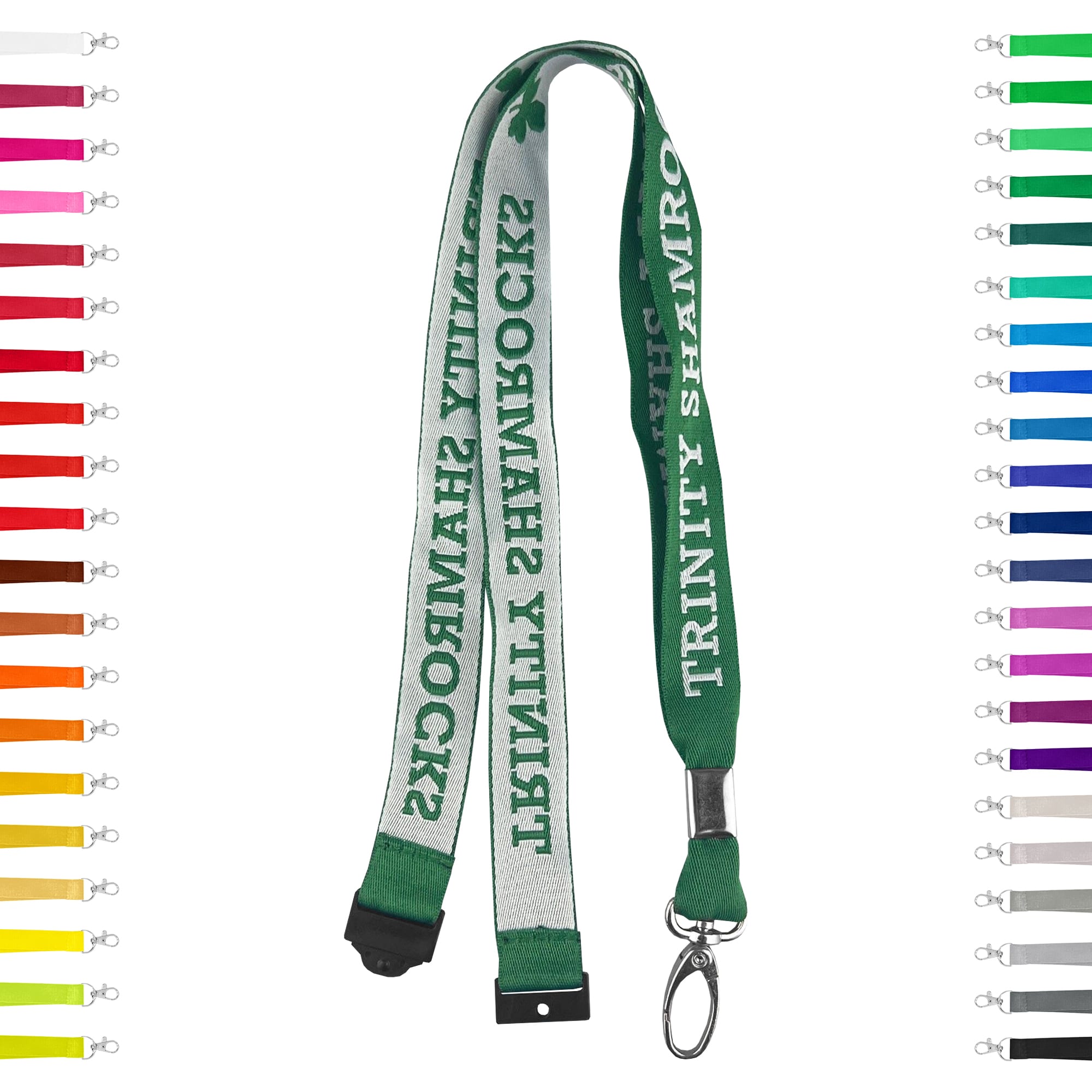 A green woven lanyard featuring text, with a metal clip and a variety of colour options displayed alongside. Woven Lanyards – 25mm - Image 1