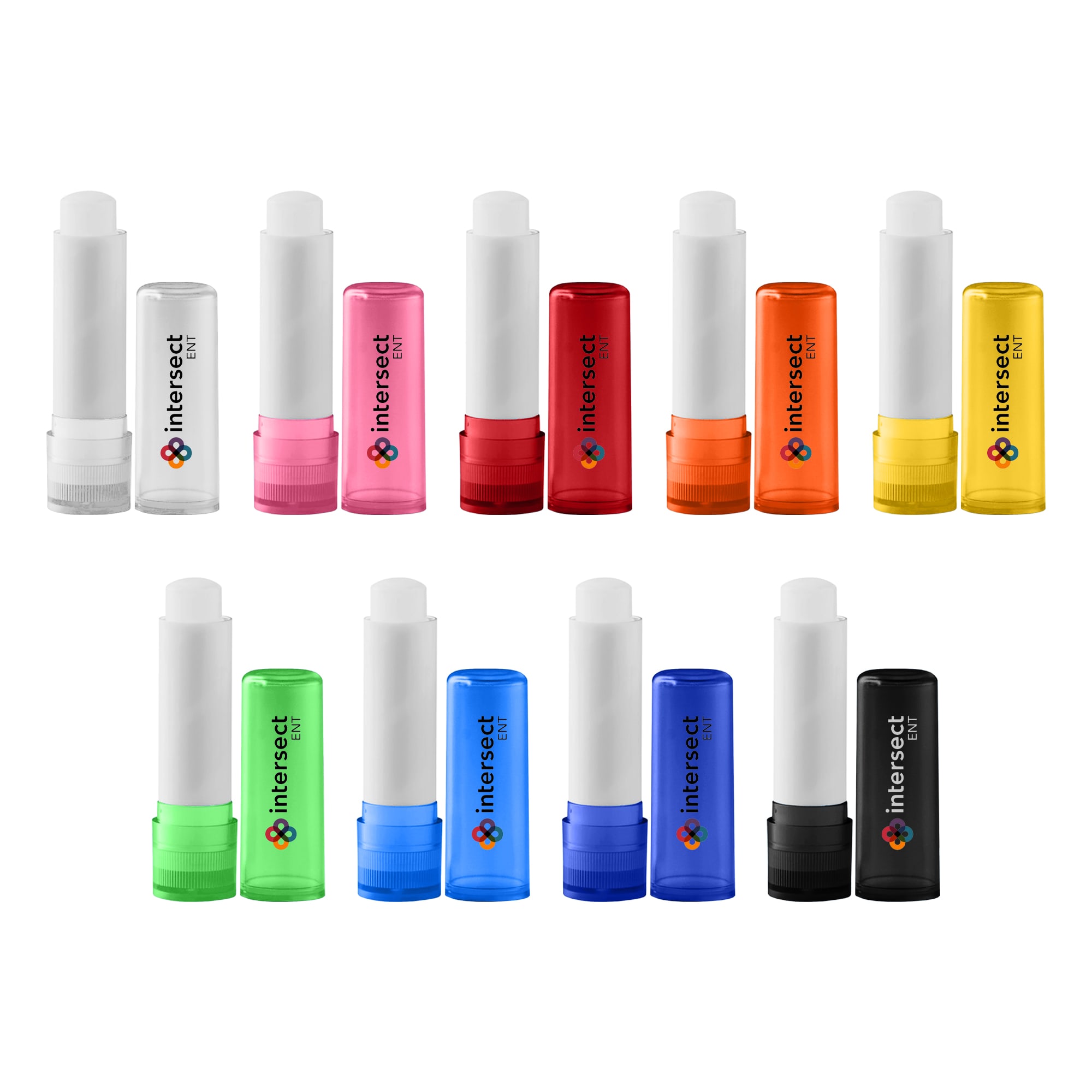 A collection of lip balm sticks in various colours including pink, red, green, blue, yellow, and black, featuring logos. Lip Balm Stick - Image 1