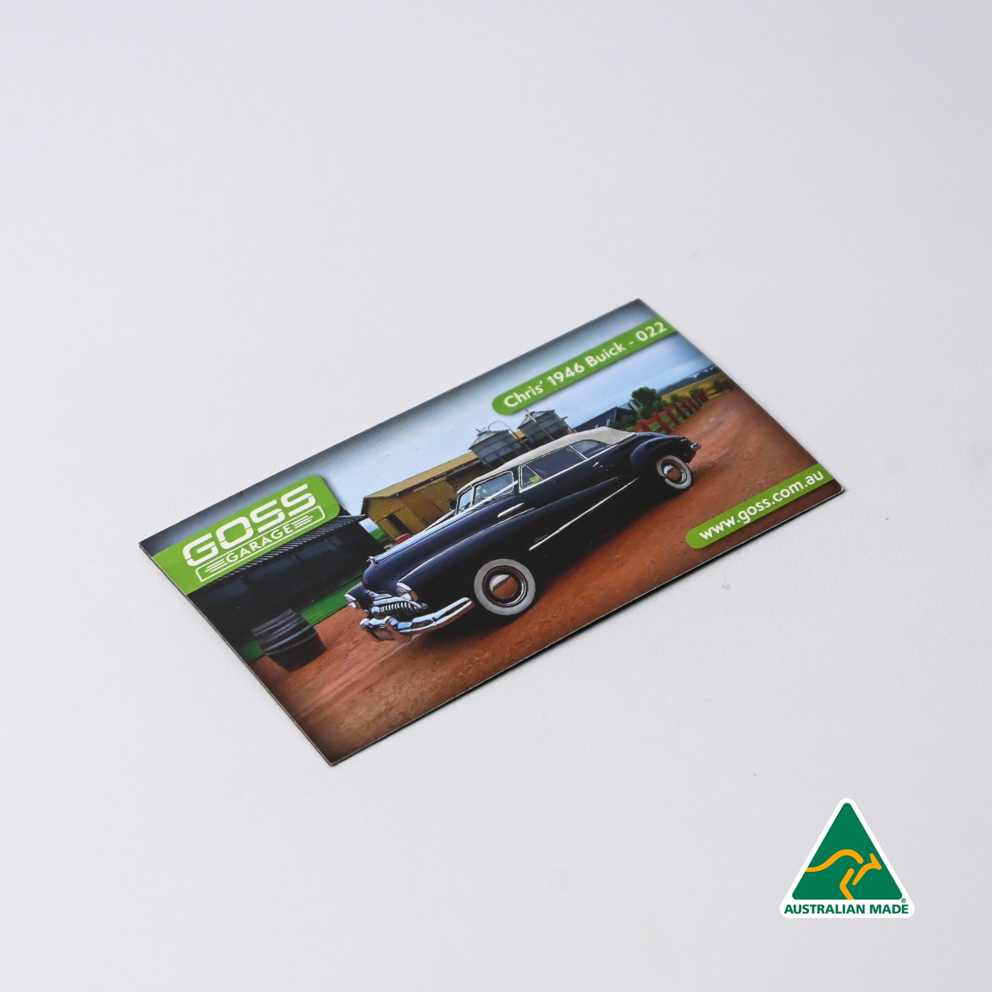 A rectangular fridge magnet featuring a classic black car with a green logo and an Australian Made badge. Square Cut Fridge Magnet (50mm x 90mm) - Image 1