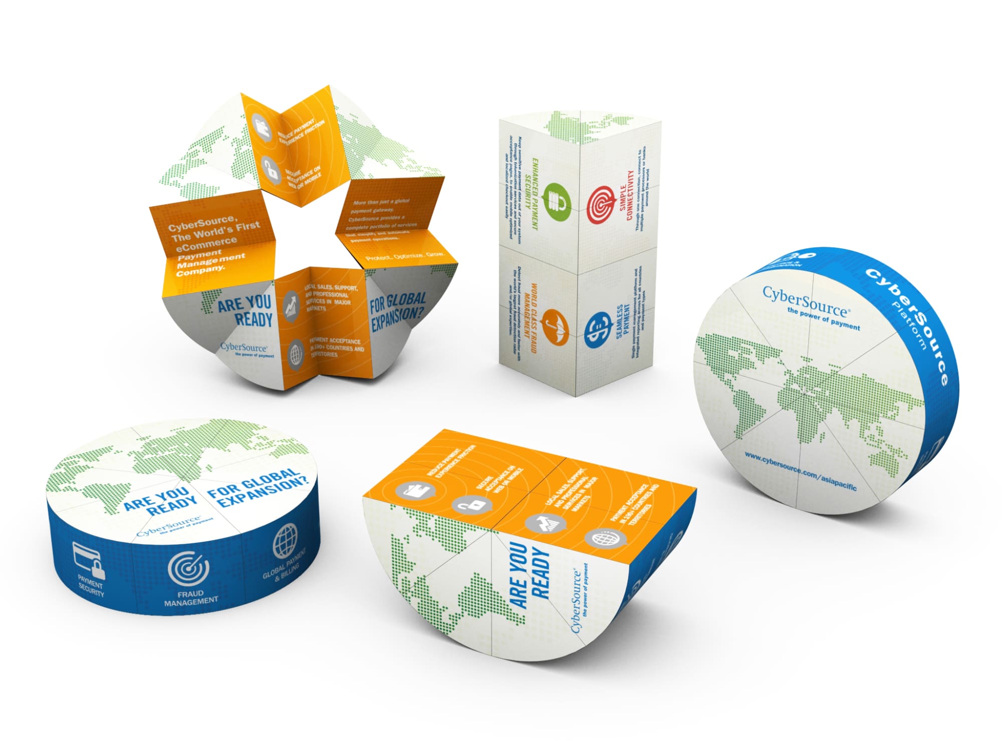 A collection of promotional paper models in various geometric shapes, featuring blue, orange, and white designs with world map graphics. Magic Orbit Mini - Image 1