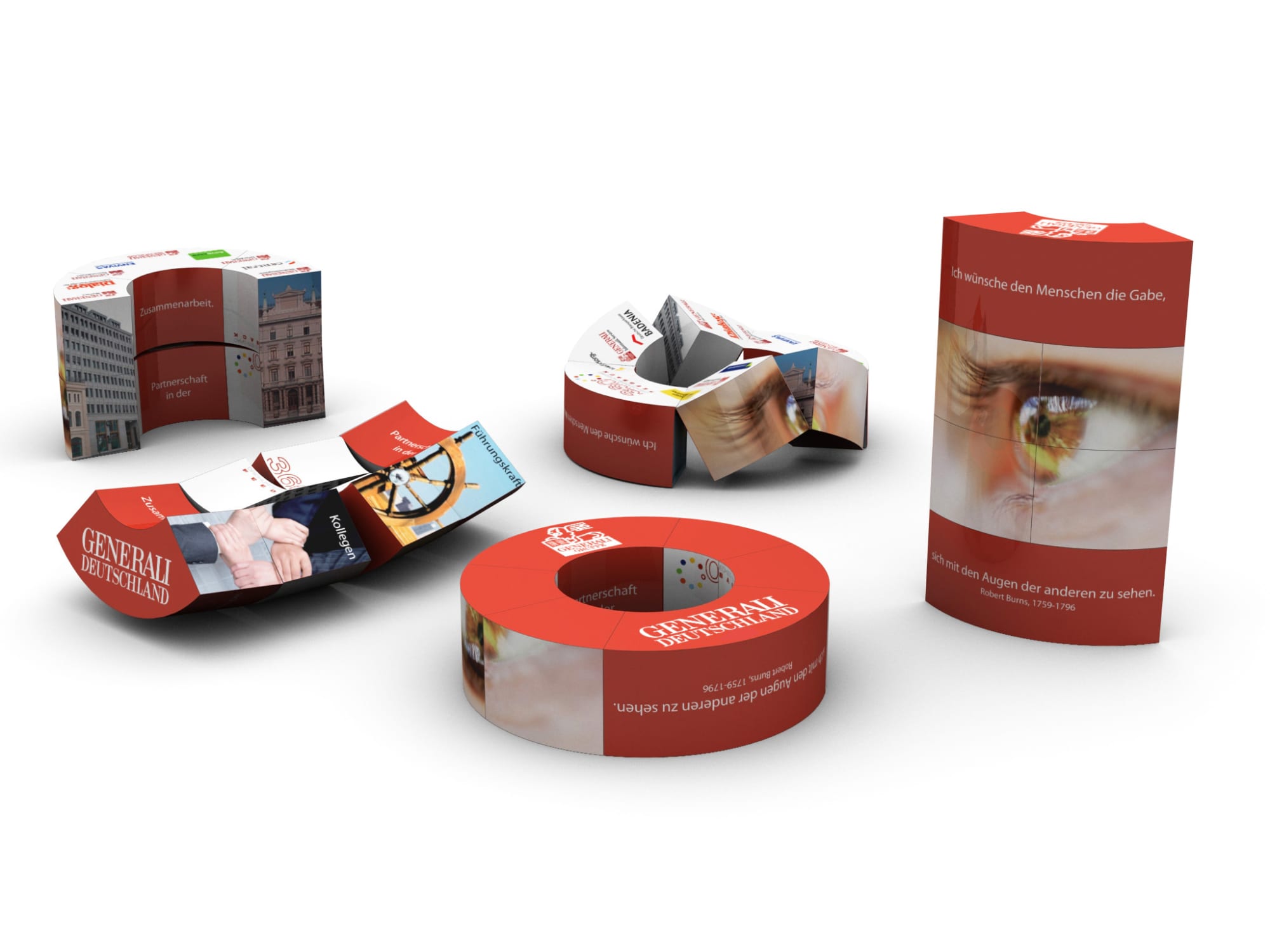 A promotional display featuring various shaped printed materials in red and white with images of eyes and buildings. Magic Ring Mini - Image 1
