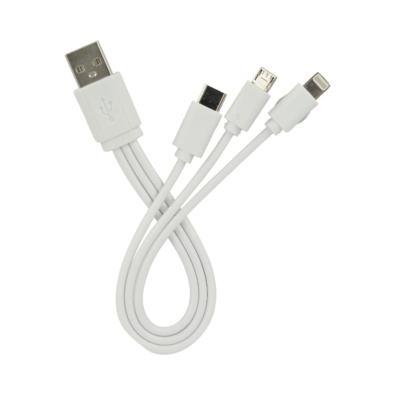 A multi-charge cable in white with a USB connector and multiple charging tips. Features a logo on the connector. 3n1 Multi Charge Cable - Image 1