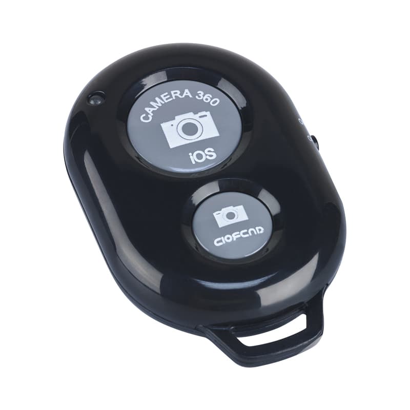 A black selfie button remote featuring two buttons for camera activation, with a logo on the surface. Selfie Button - Image 1