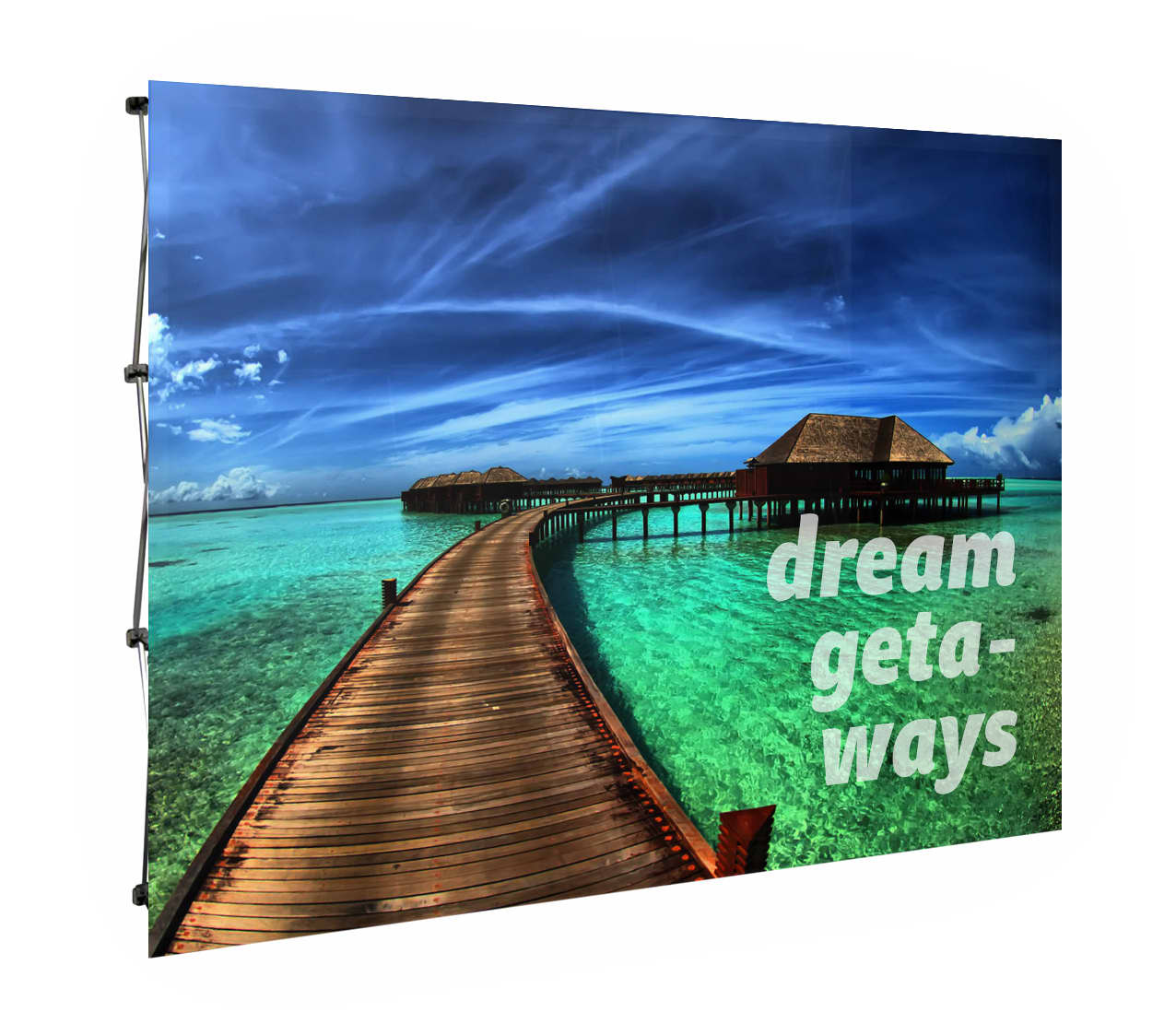 A promotional media wall replacement skin featuring a scenic ocean view with a wooden walkway and blue skies. Media Wall Replacement Skin - Image 1